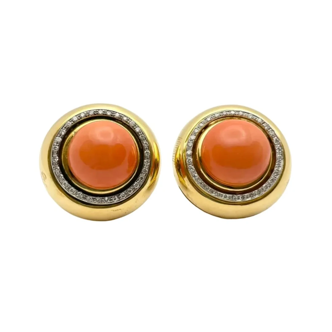 Yellow Gold Clip-On Earrings with Coral and Diamonds