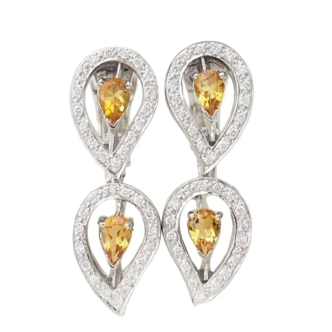 Earrings Pendant in white gold, citrines and diamonds