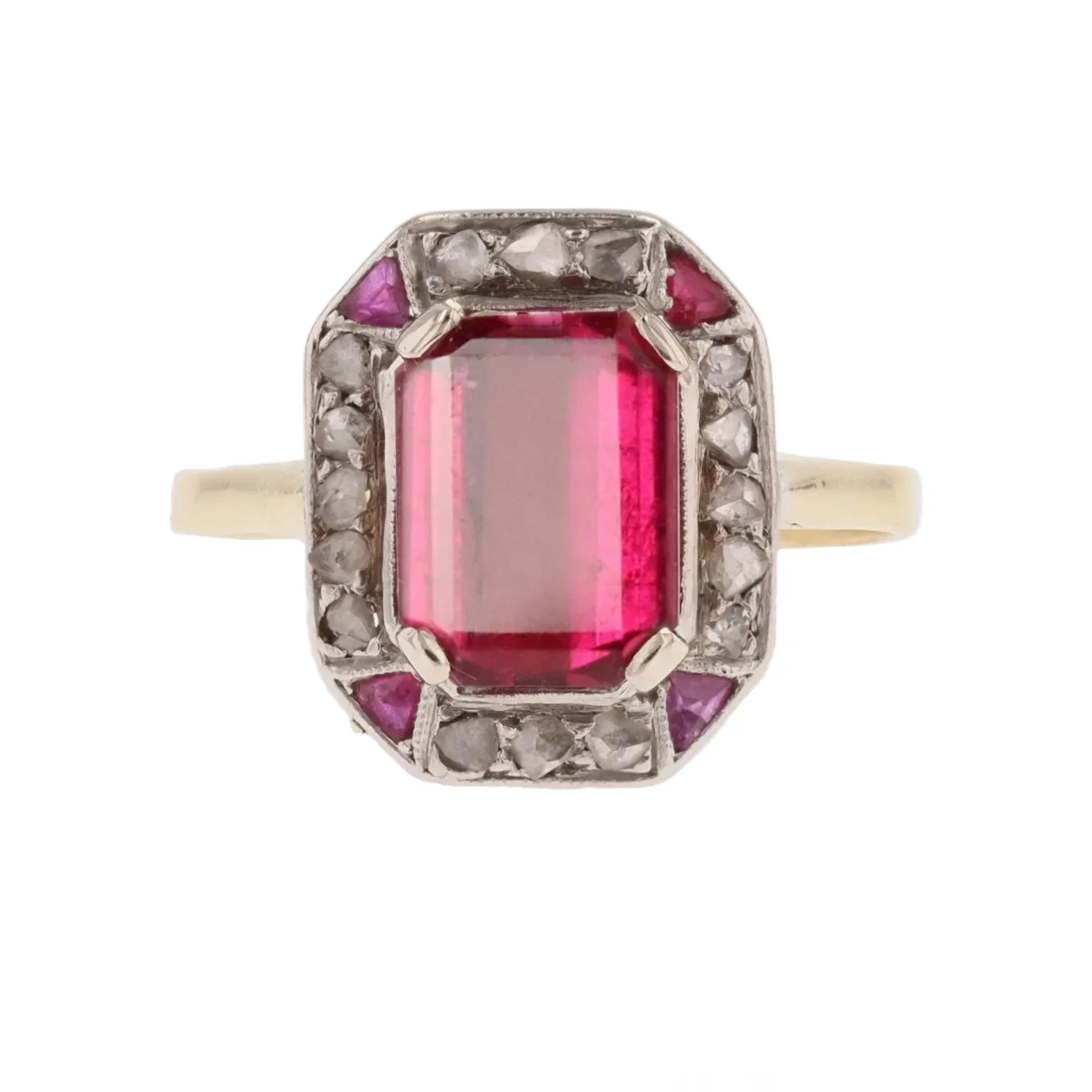 Entourage ring in yellow gold, tourmaline, rubies and diamonds
