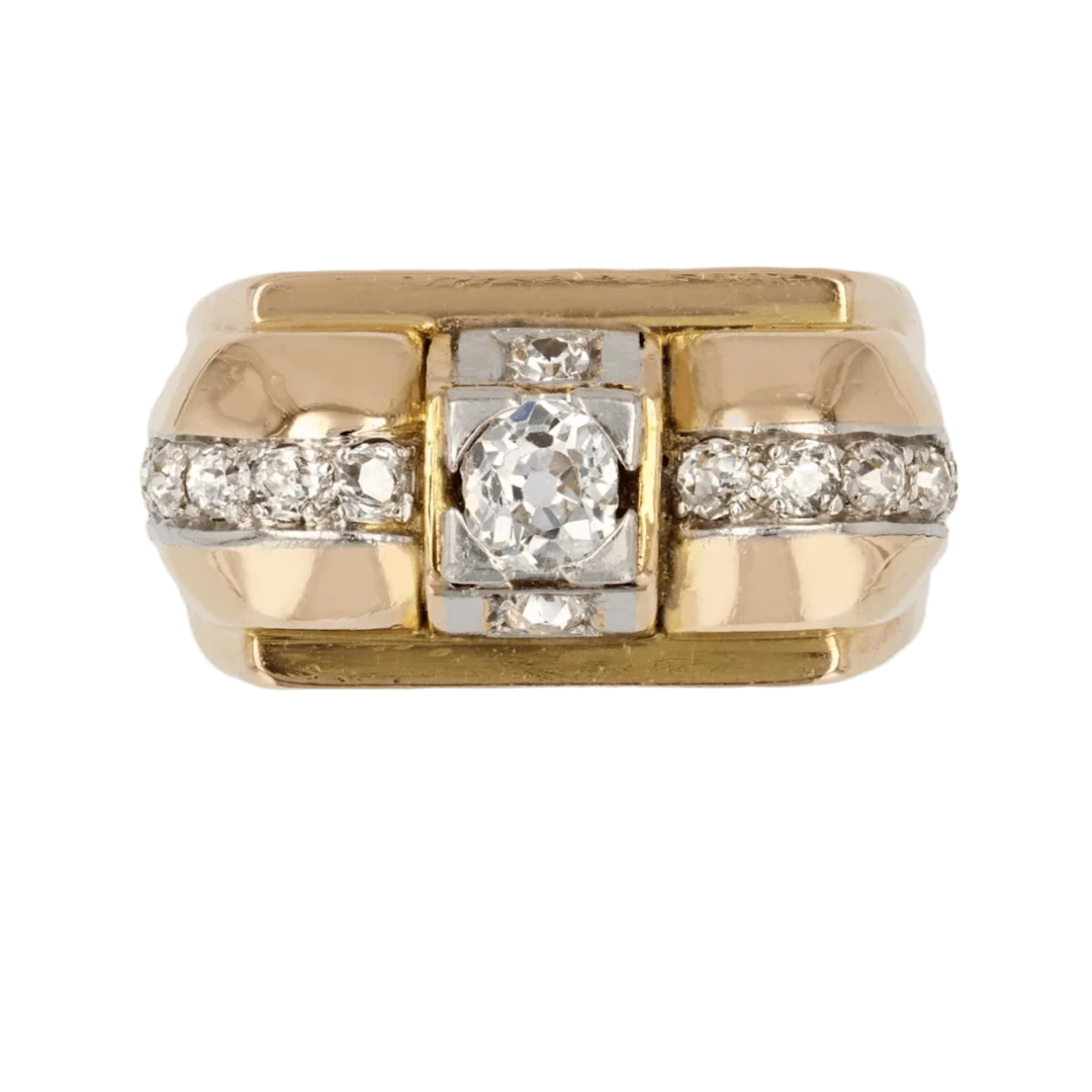 Tank ring in yellow gold, platinum and diamonds