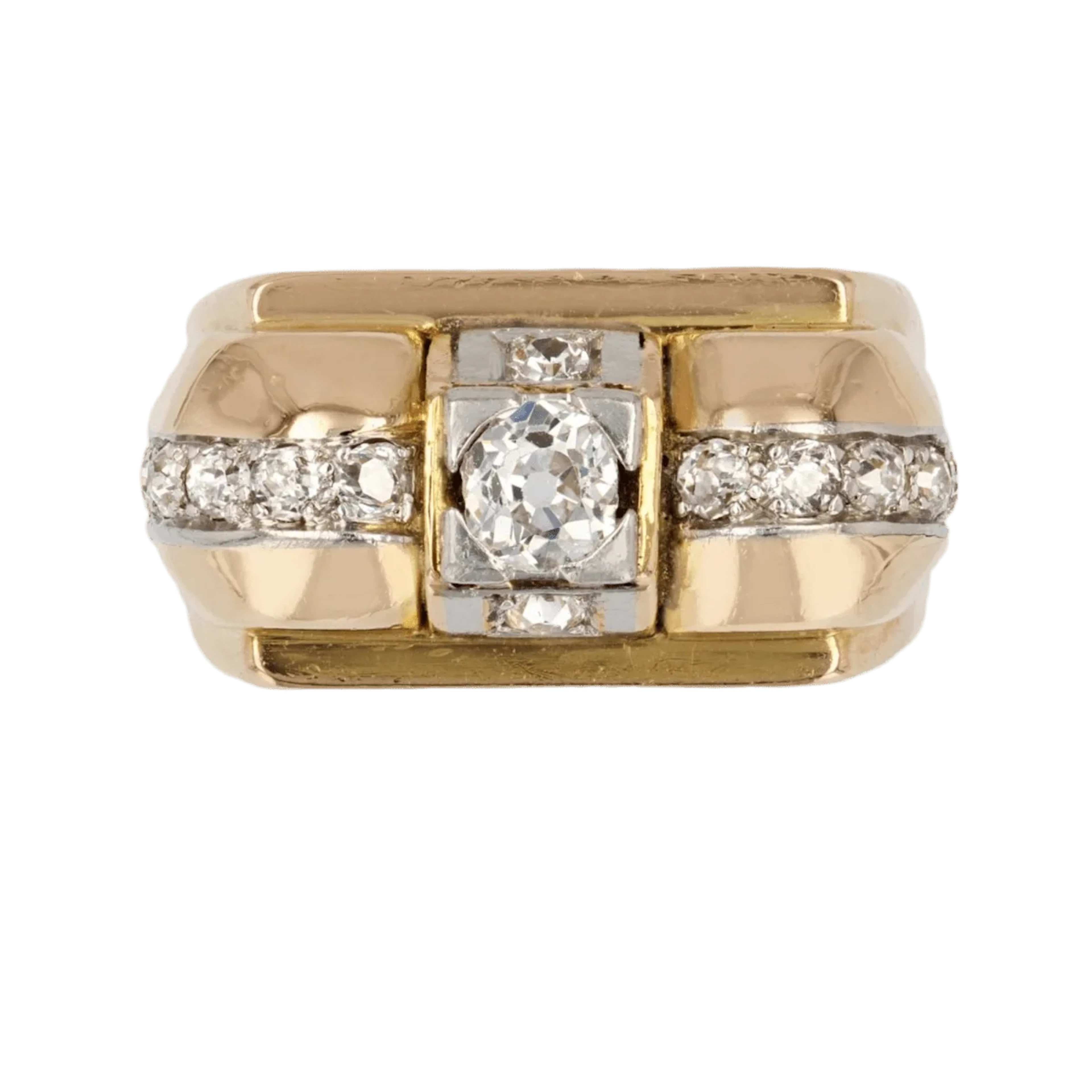 Tank ring in yellow gold, platinum and diamonds