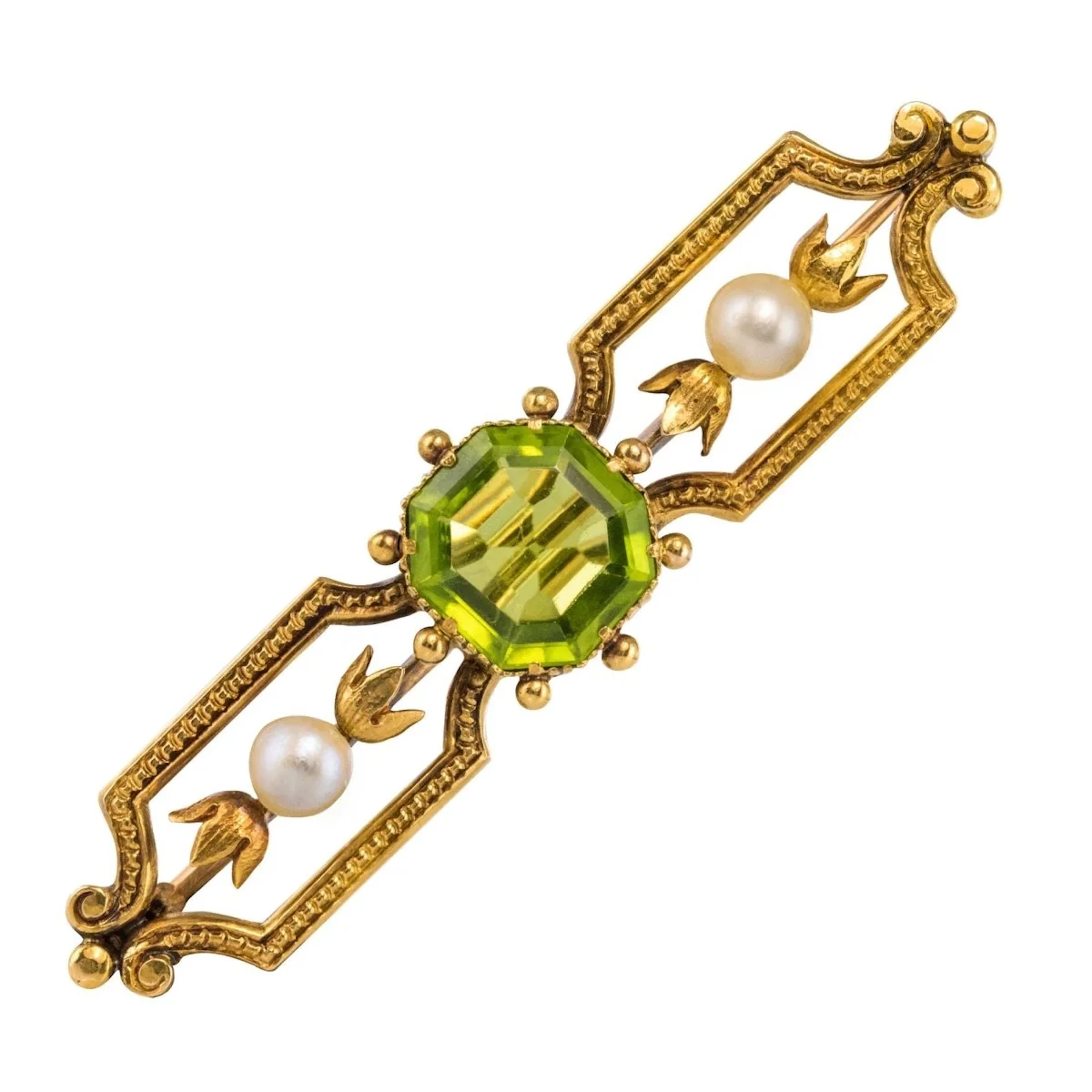 Brooch Pin in yellow gold, peridot and pearls