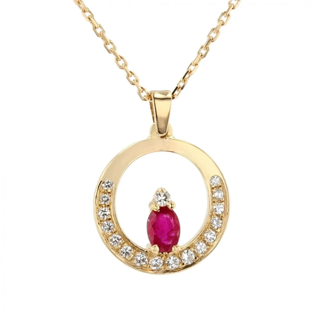 Yellow Gold Necklace with Ruby and Diamond Pendant