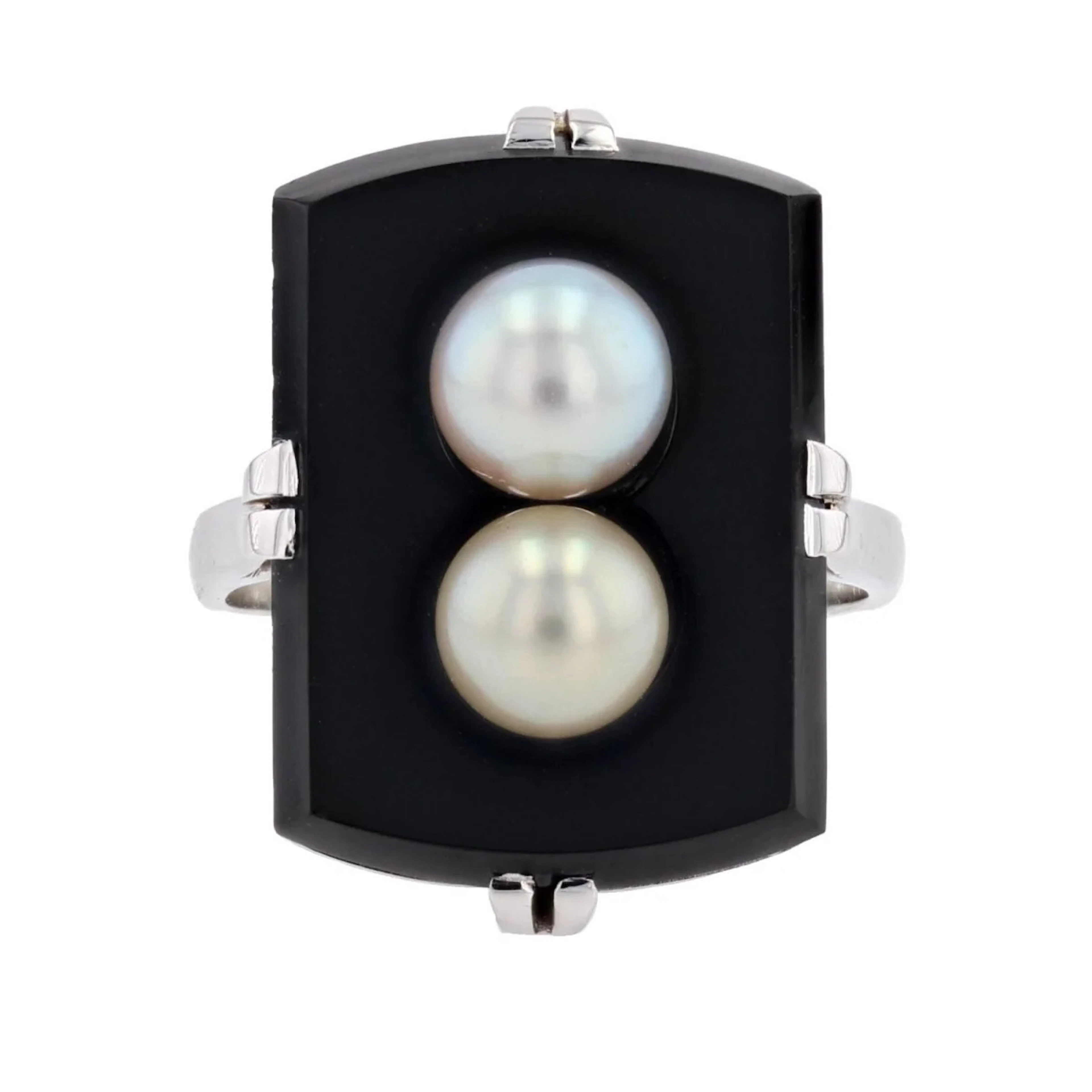 Bague Cocktail en or blanc, onyx et perle