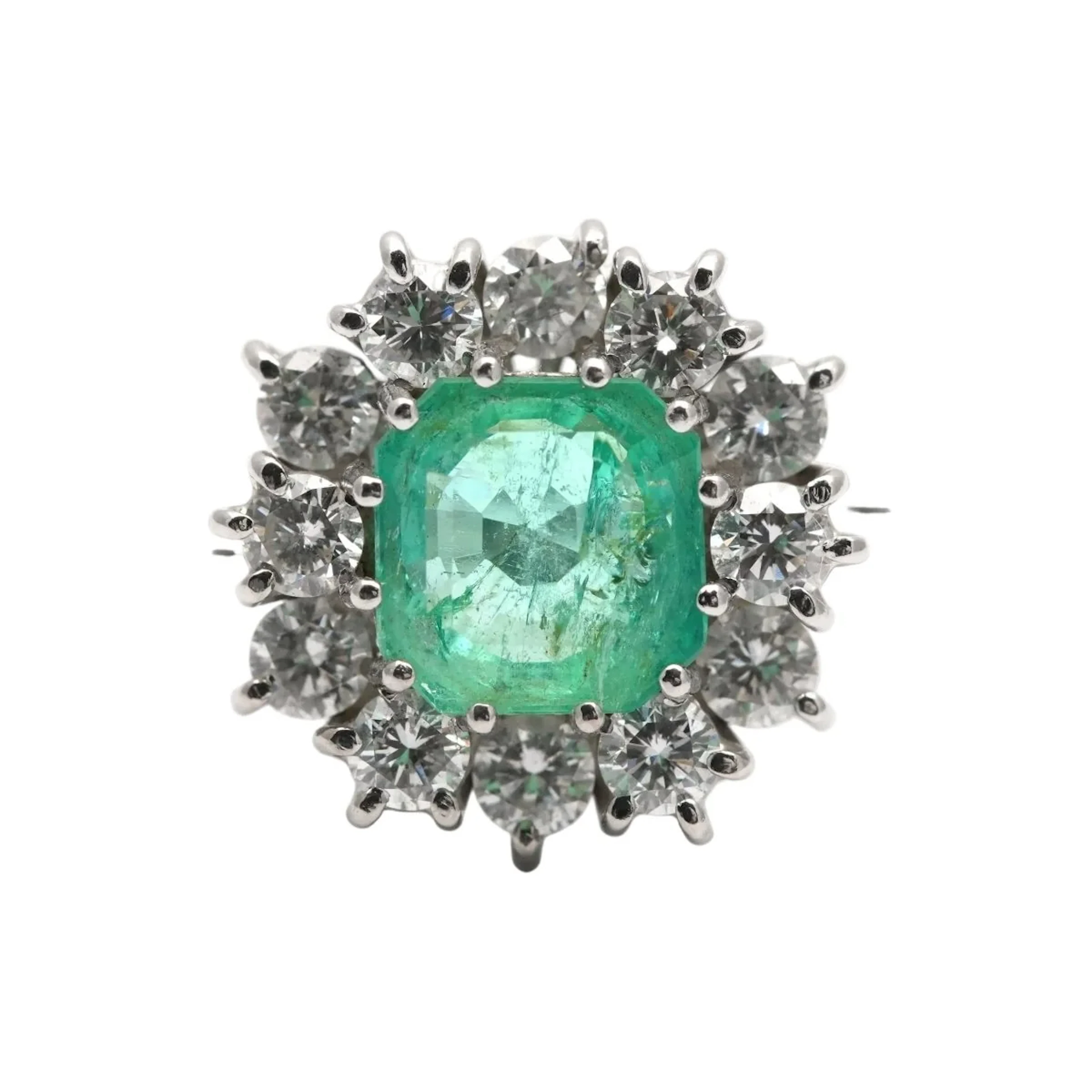 "Entourage" Ring in White Gold, Emerald, and Diamonds