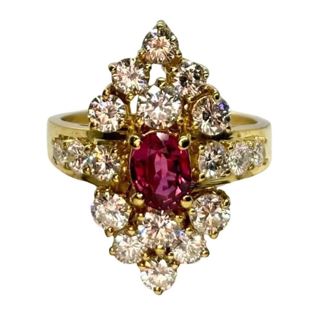 Ring Marquise in yellow gold, ruby, and diamonds