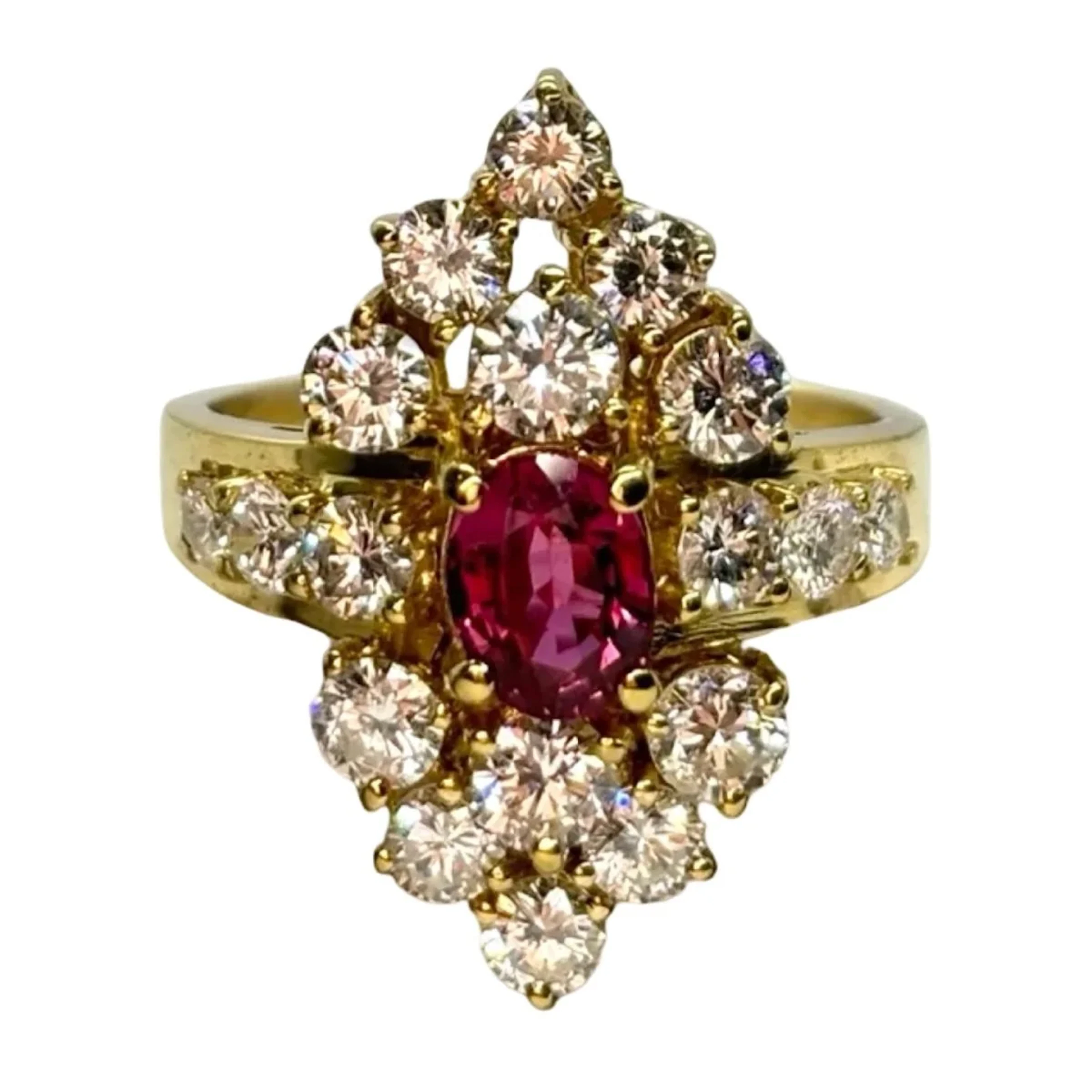 Ring Marquise in yellow gold, ruby, and diamonds