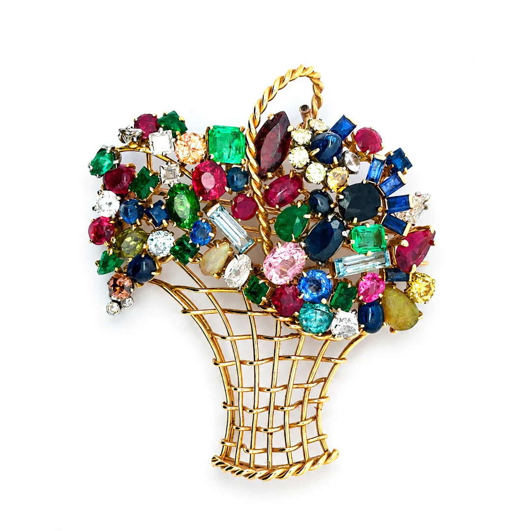 Yellow gold brooch with rubies, sapphires, emeralds, and diamonds