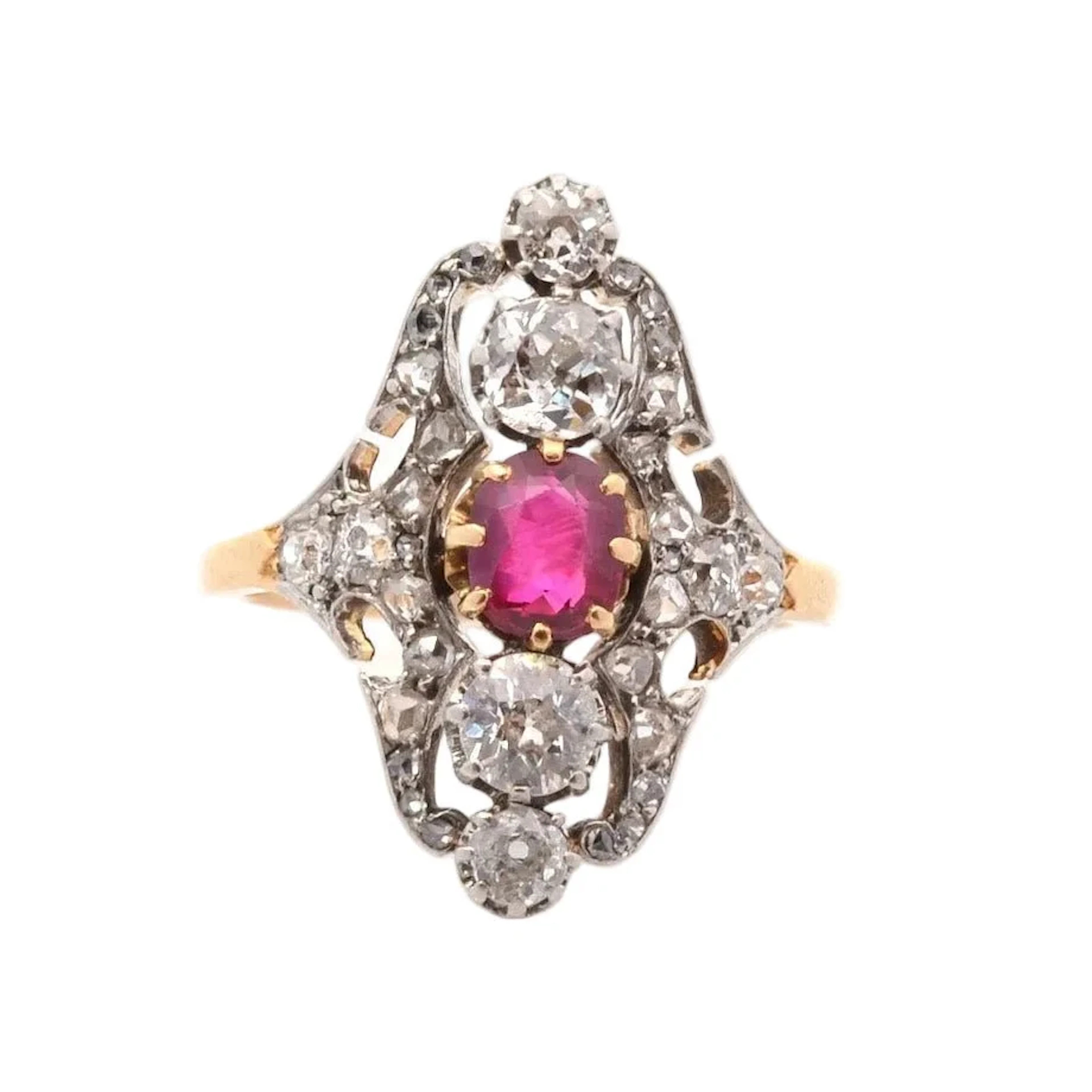 Ring Marquise in yellow gold, paltinium, ruby and diamonds.