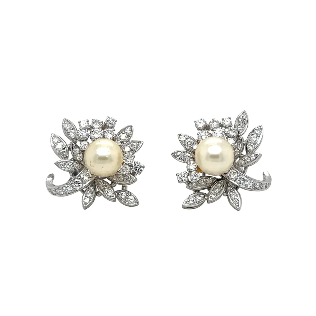 White Gold Clip-On Earrings with Pearls and Diamonds