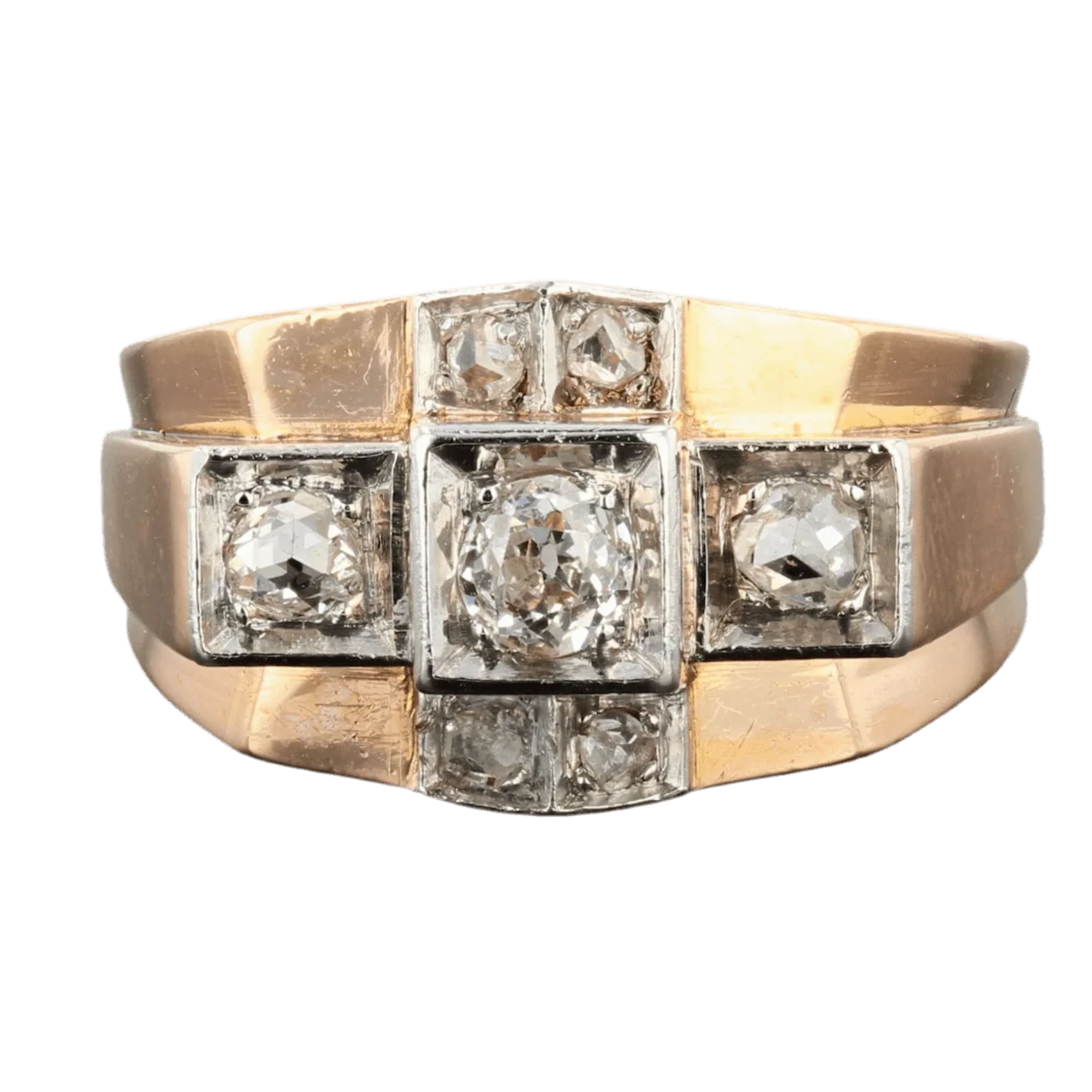 Tank ring in pink gold, platinum and diamonds