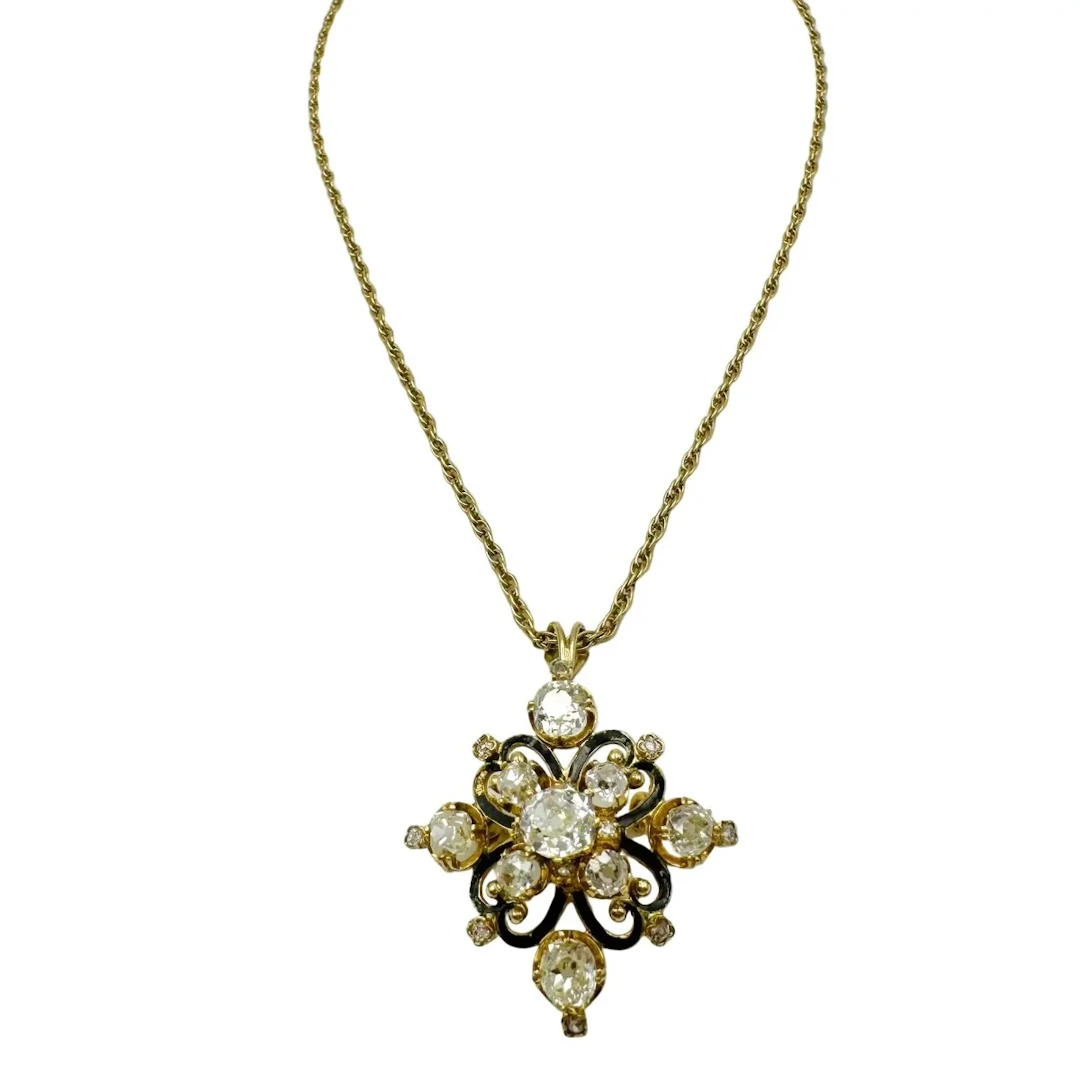 Brooch Pendant in Yellow gold, Enamel and Diamonds