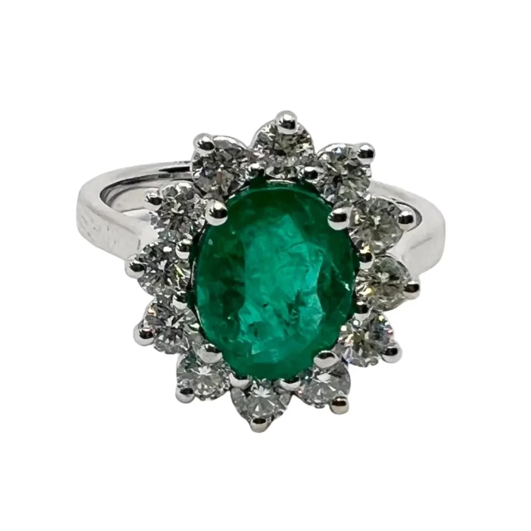 Marguerite Ring in White gold, Emerald and Diamonds