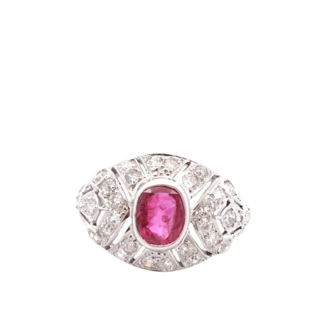Dome ring in white gold, rubies and diamonds