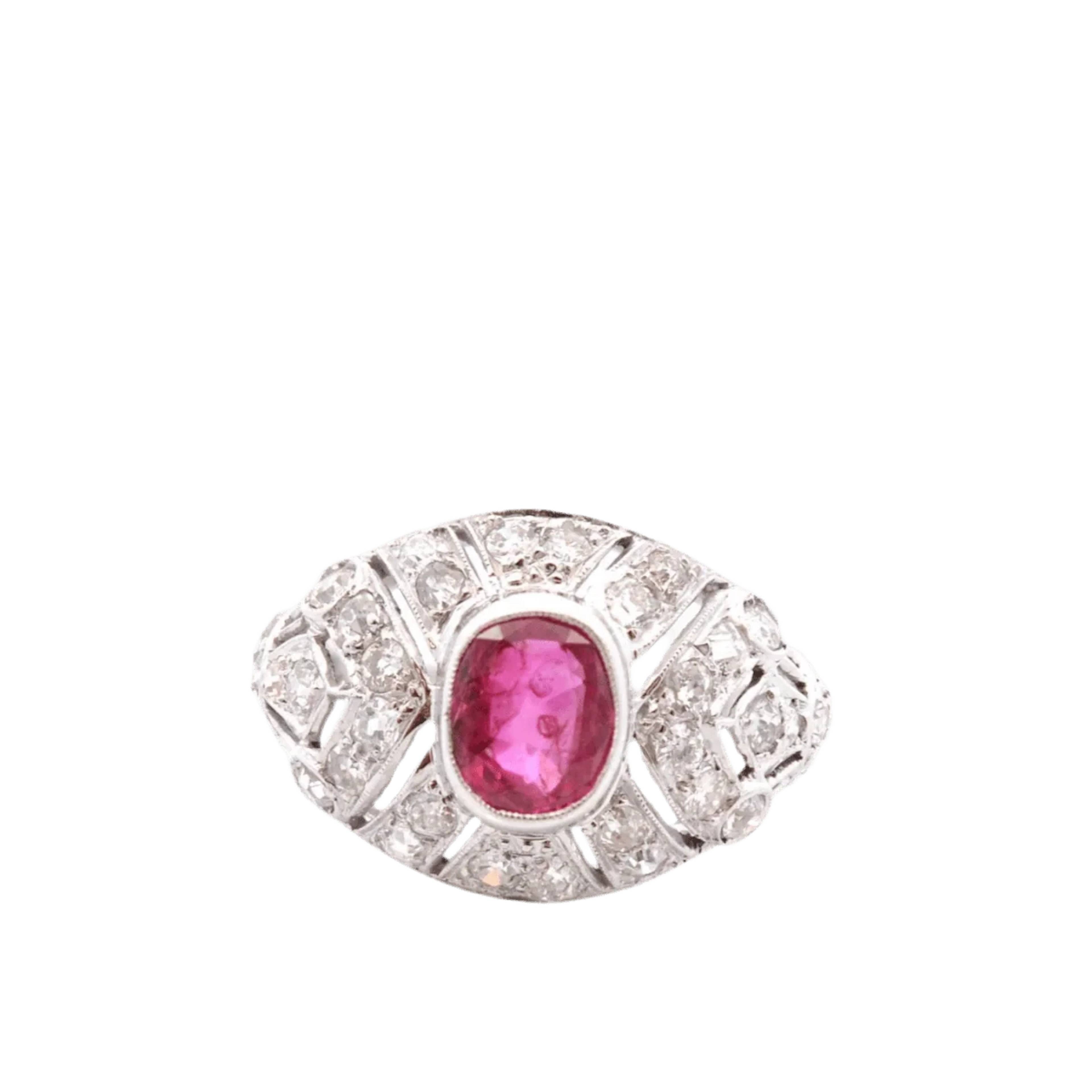 Dome ring in white gold, rubies and diamonds