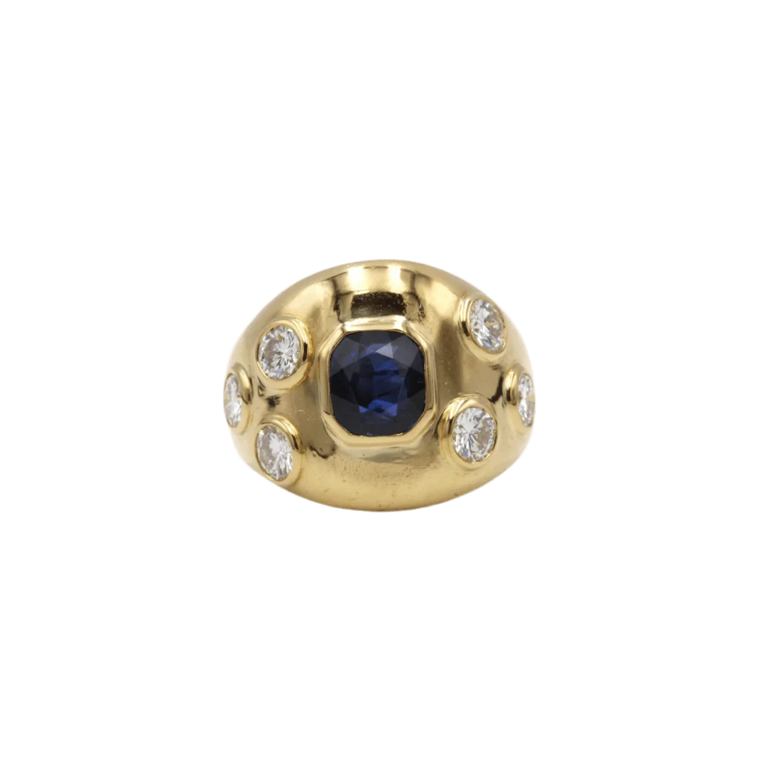 Ring Dome in yellow gold, sapphire and diamonds