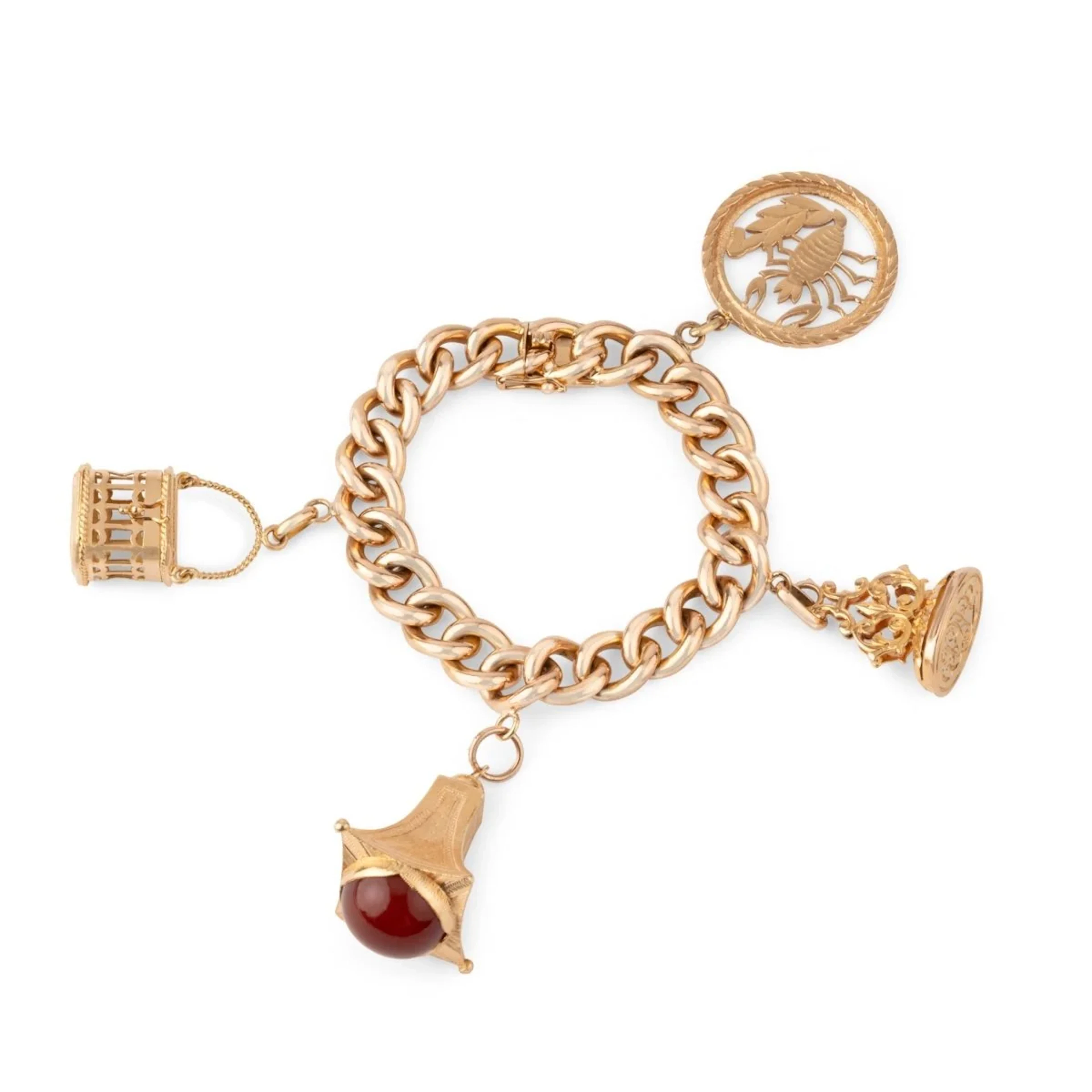 Bracelet or rose 18k,maillon gourmette orné de 4 breloques