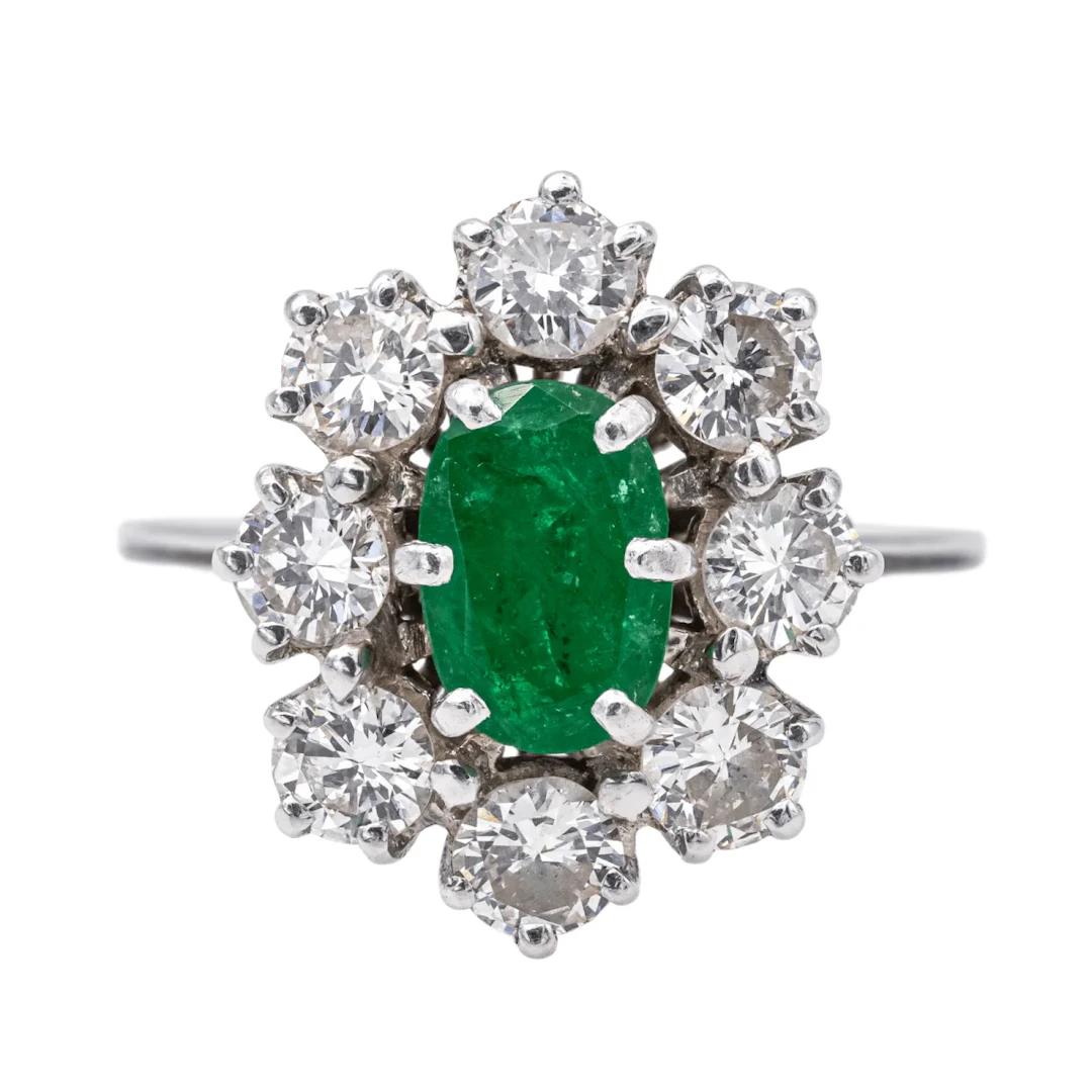 Ring Pompadour en white gold, paltinium, emerald and diamonds