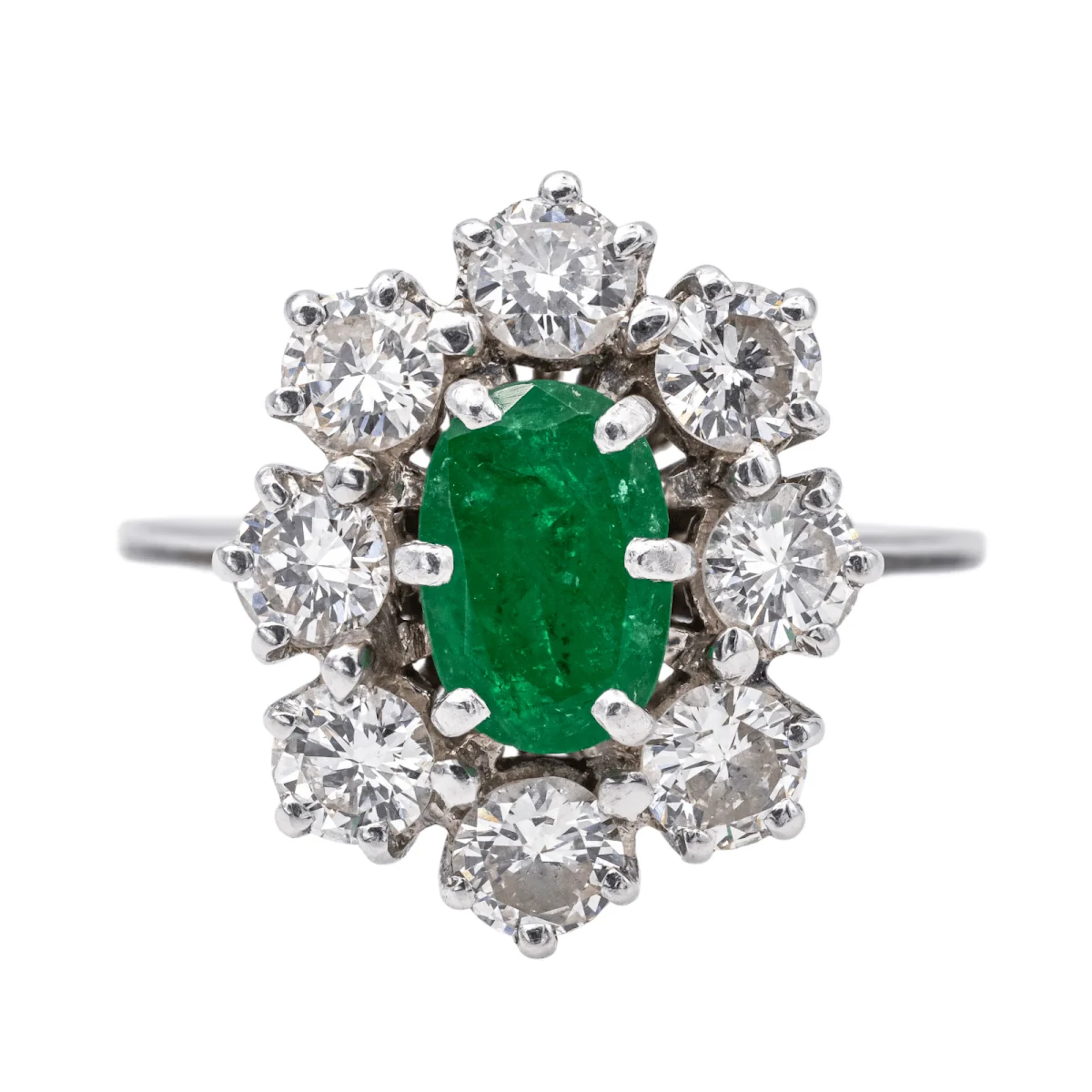 Ring Pompadour en white gold, paltinium, emerald and diamonds