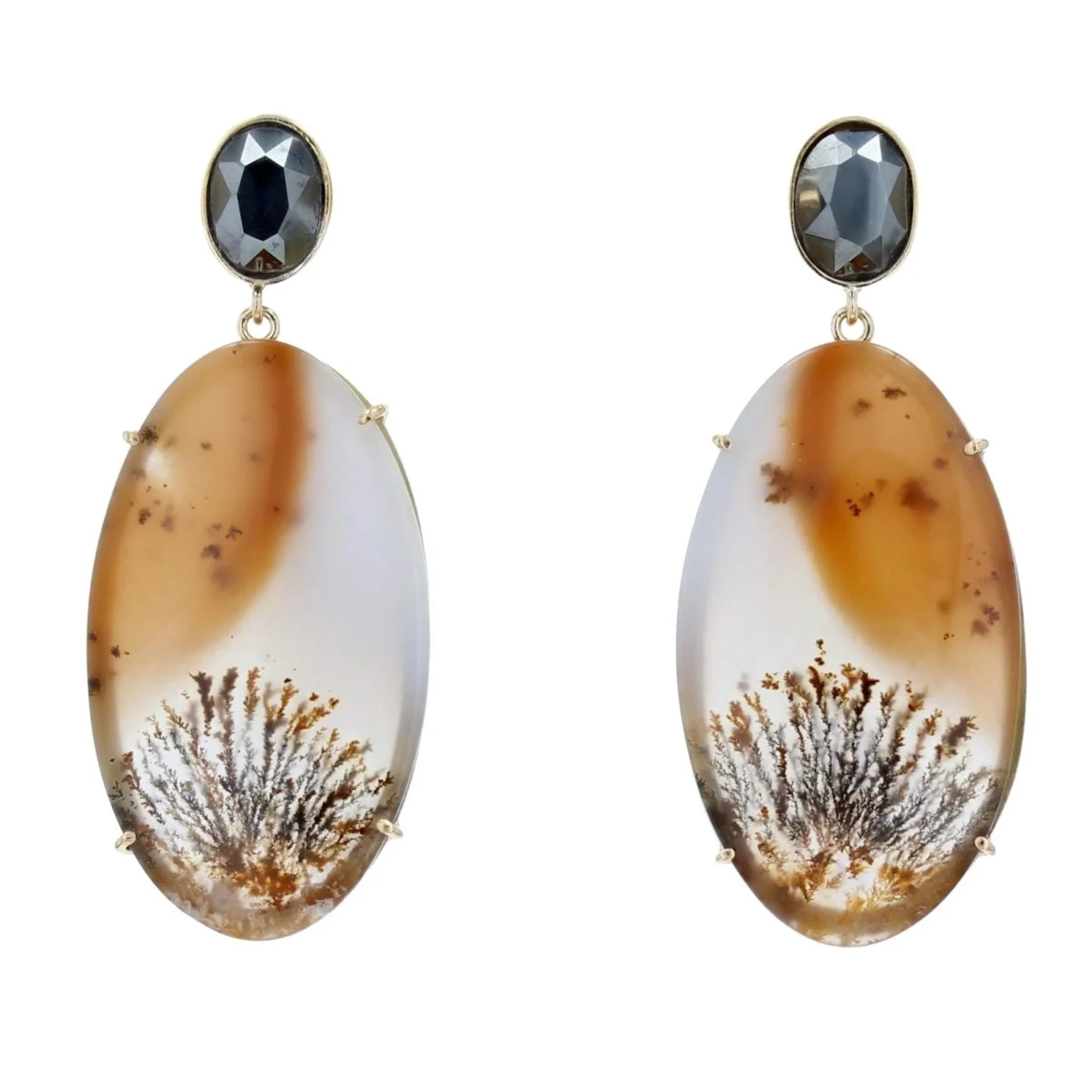 Boucles d'oreilles Pendantes en or jaune, agates et hématite
