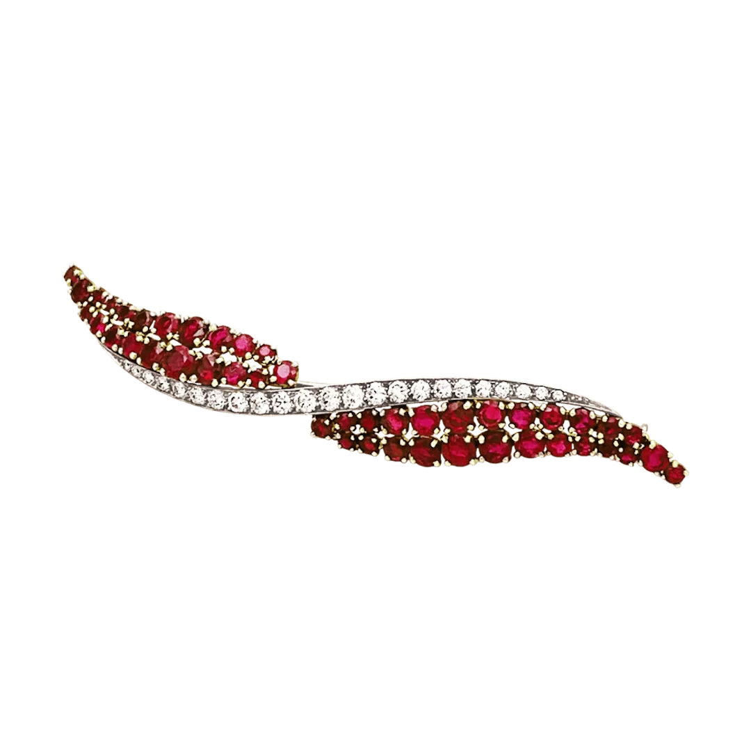 Barrette Brooch in Yellow gold, Platinum, Ruby and Diamonds