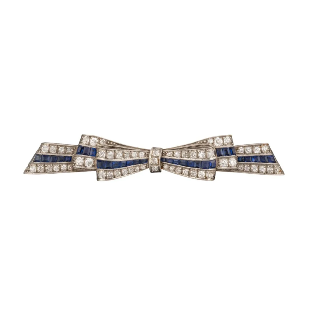 Brooch Barrette Ribbon diamonds and sapphires
