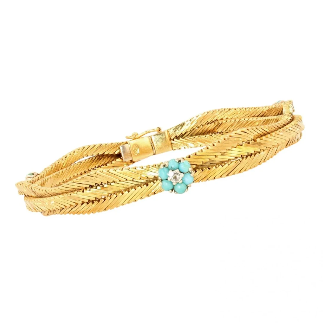 Bracelet Mesh yellow gold, turquoise and diamonds