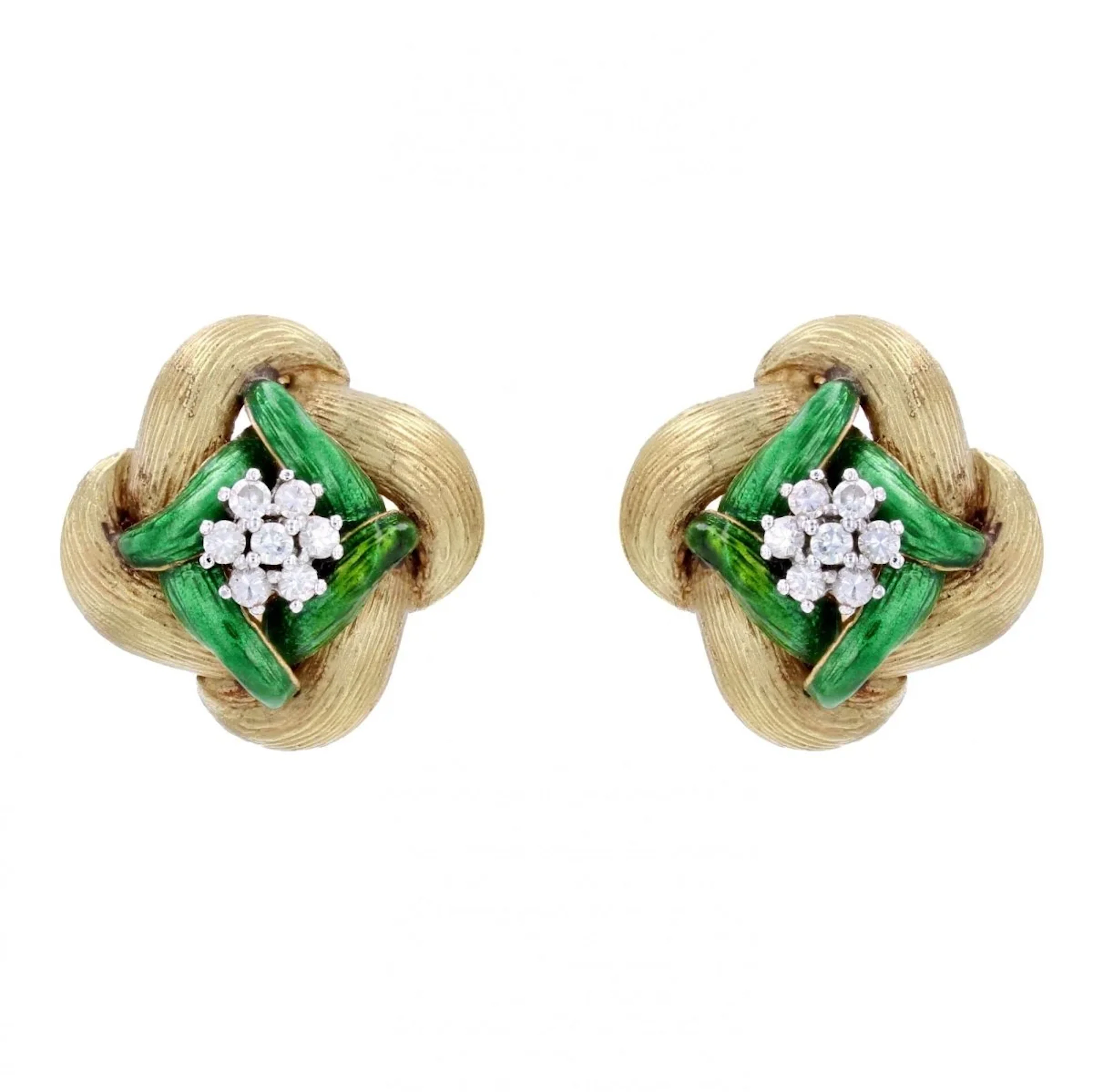Clip-on earrings in yellow gold, enamel and diamonds