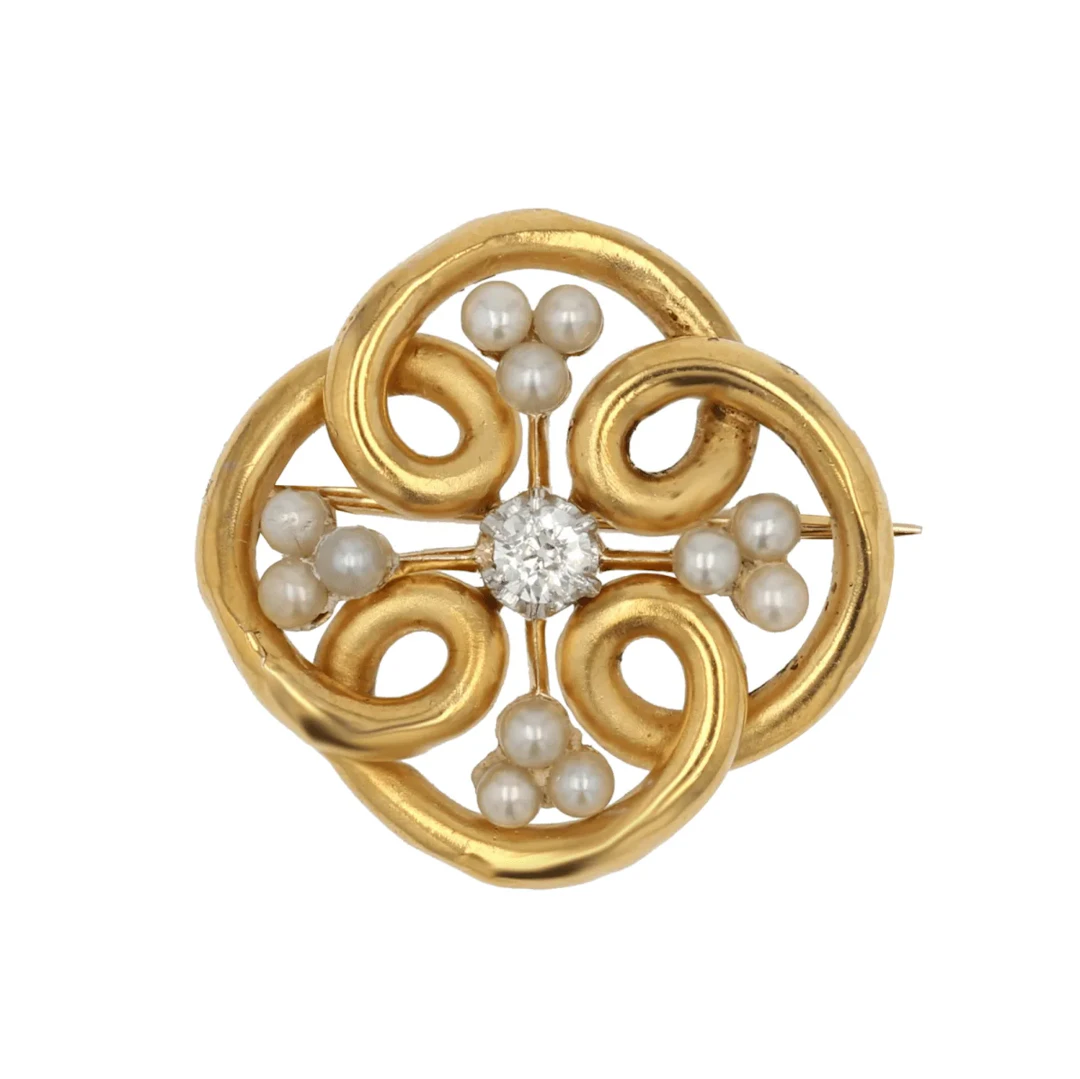 Yellow gold, pearl and diamond pin brooch