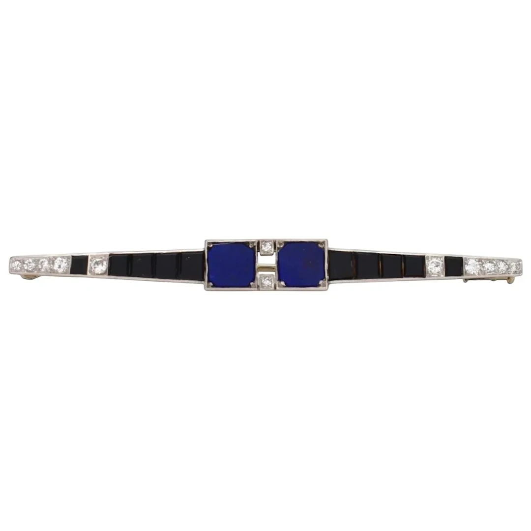 Barrette brooch in platinum, lapis lazuli, onyx and diamonds