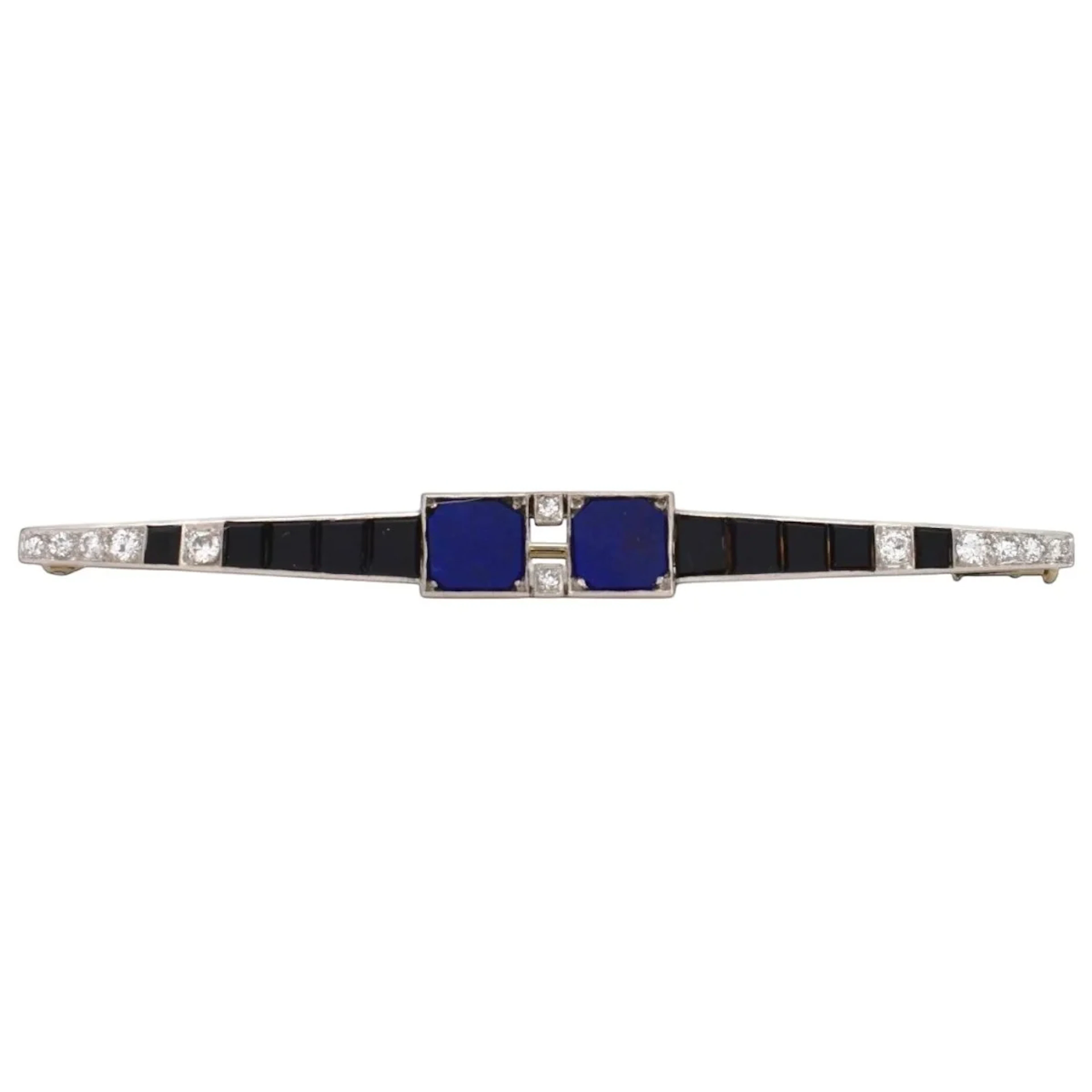 Barrette brooch in platinum, lapis lazuli, onyx and diamonds