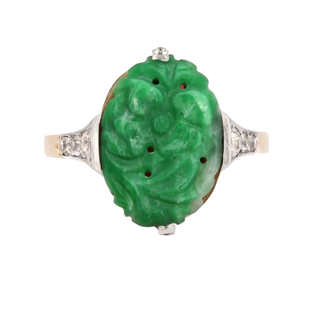 Dome ring in platinum, yellow gold, jade, and diamonds