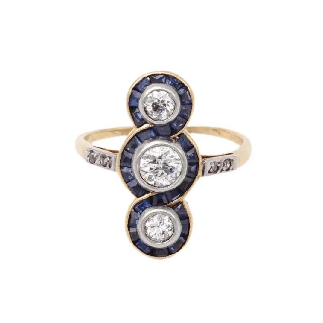 Trilogy ring in yellow gold, platinum, sapphires and diamonds