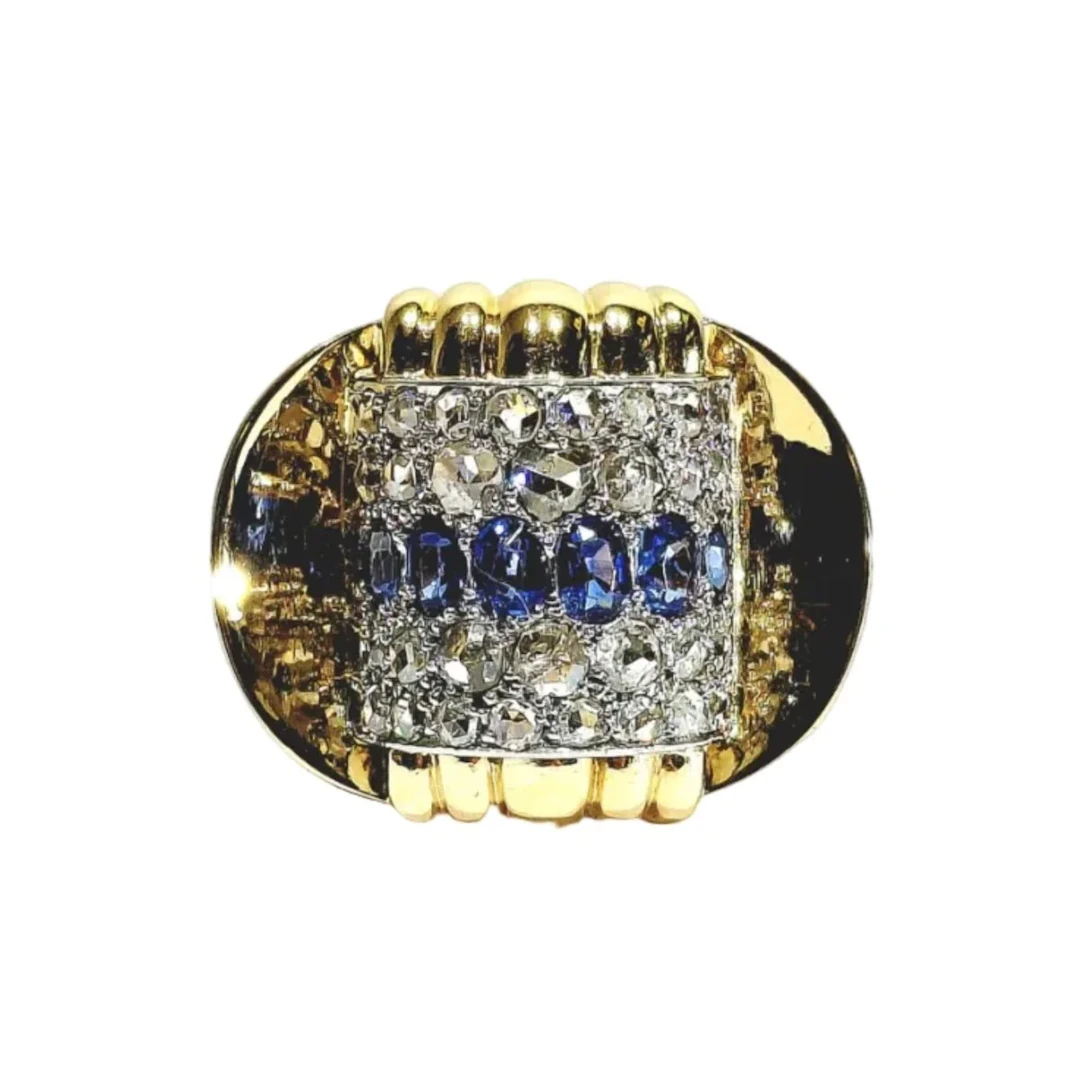Tank ring in yellow gold, sapphires and diamonds