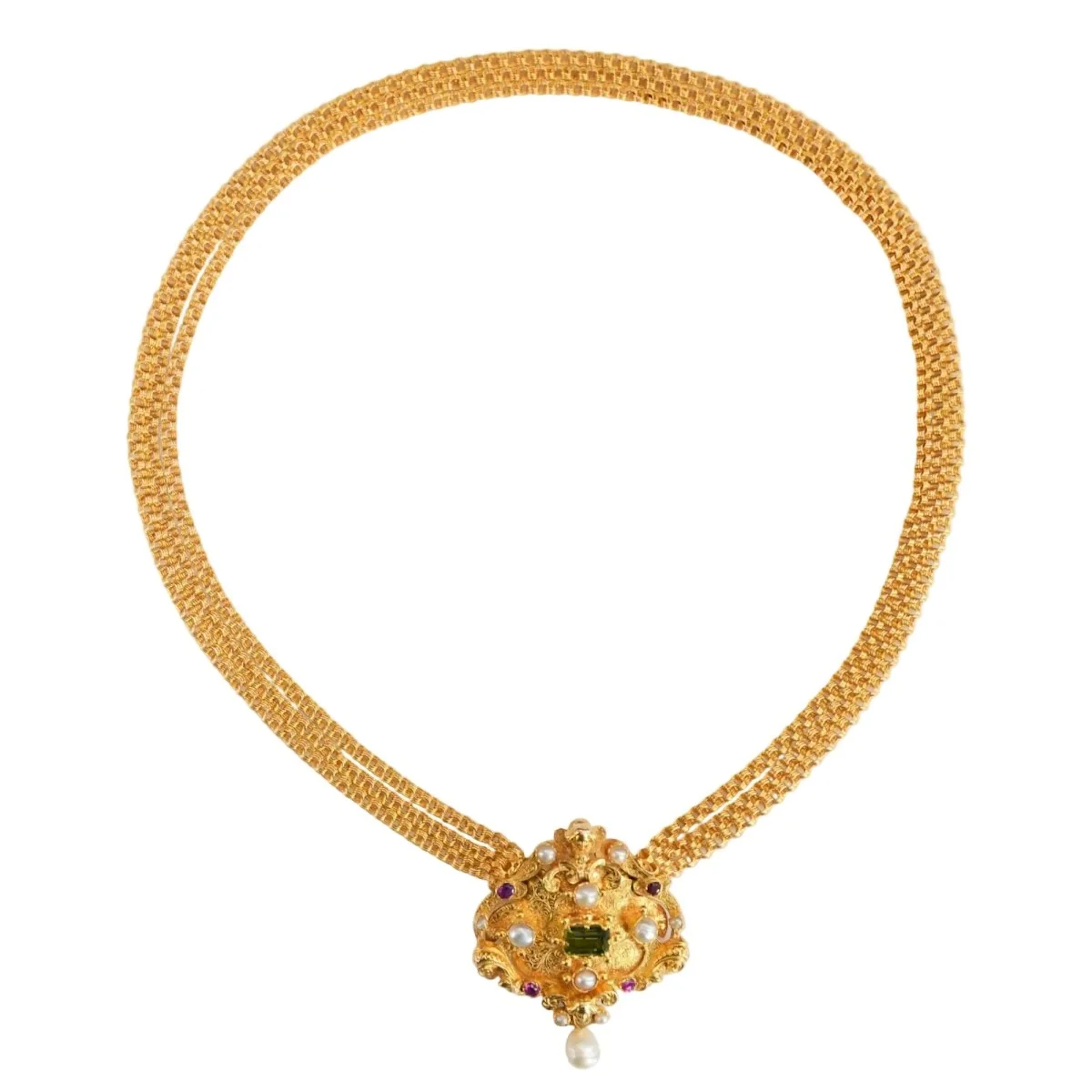 Yellow gold mesh necklace with pearls, rubies and tourmaline