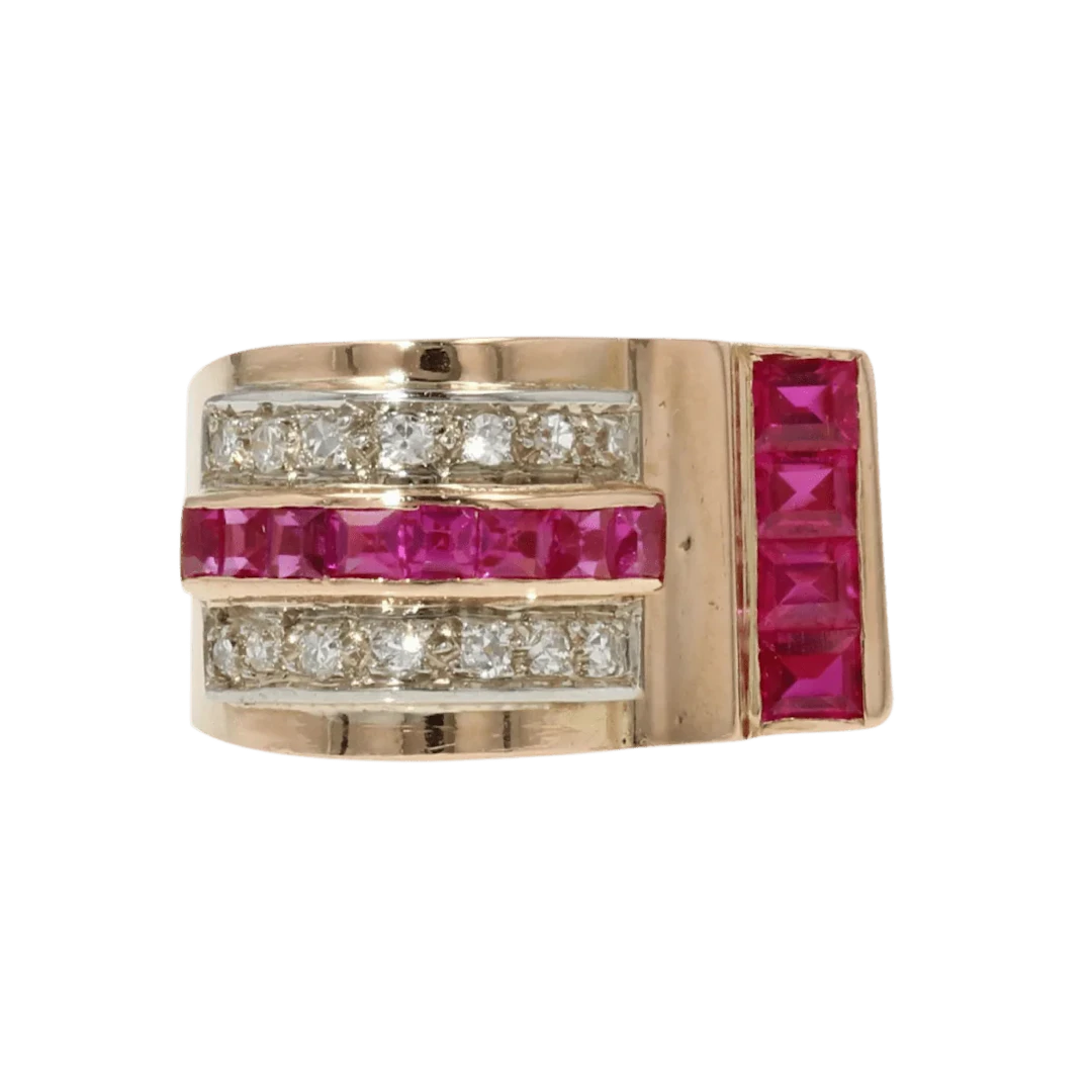 Tank ring in pink gold, rubies and diamonds