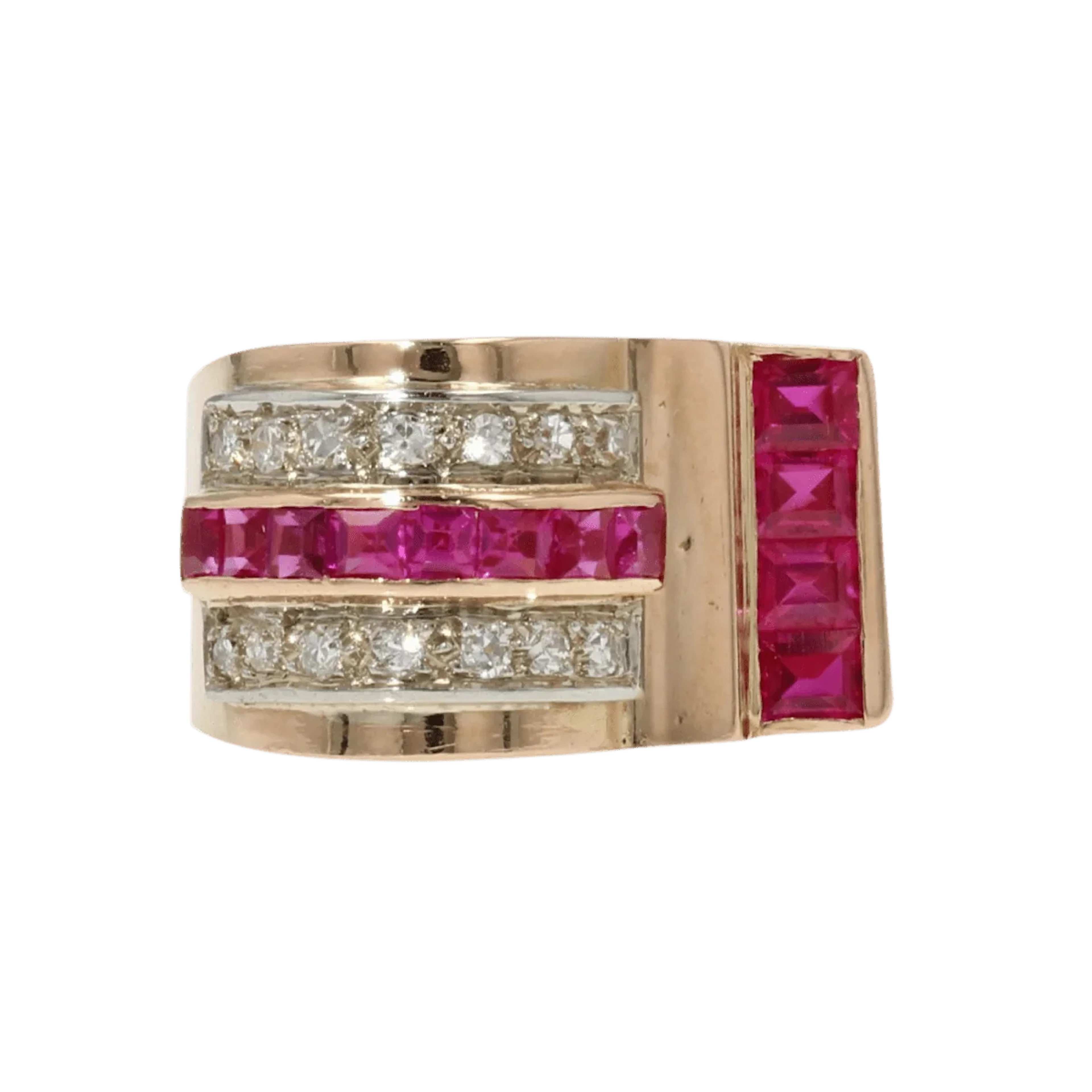 Tank ring in pink gold, rubies and diamonds