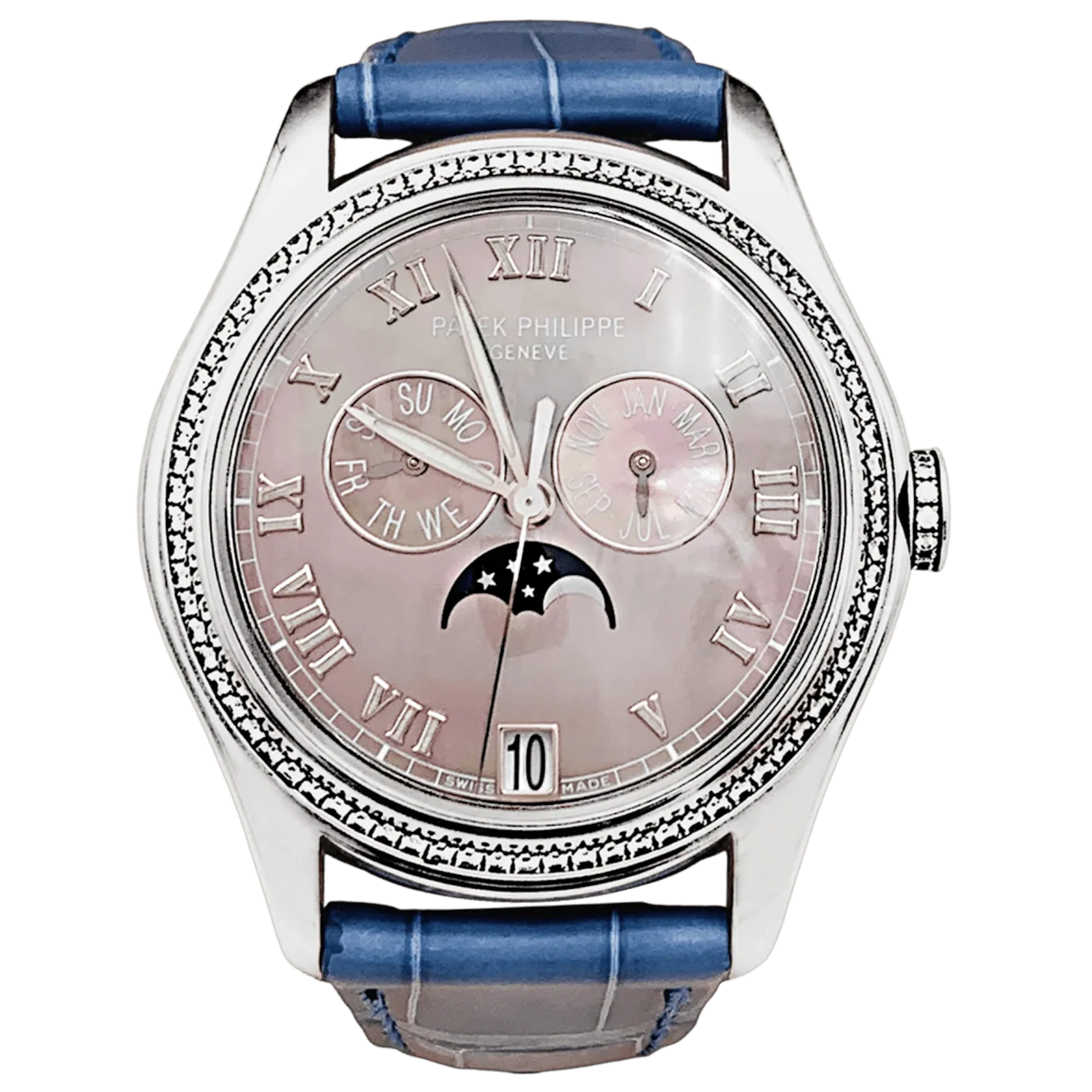 Montre PATEK PHILIPPE "Annual Calendar" en or blanc, cuir et diamants