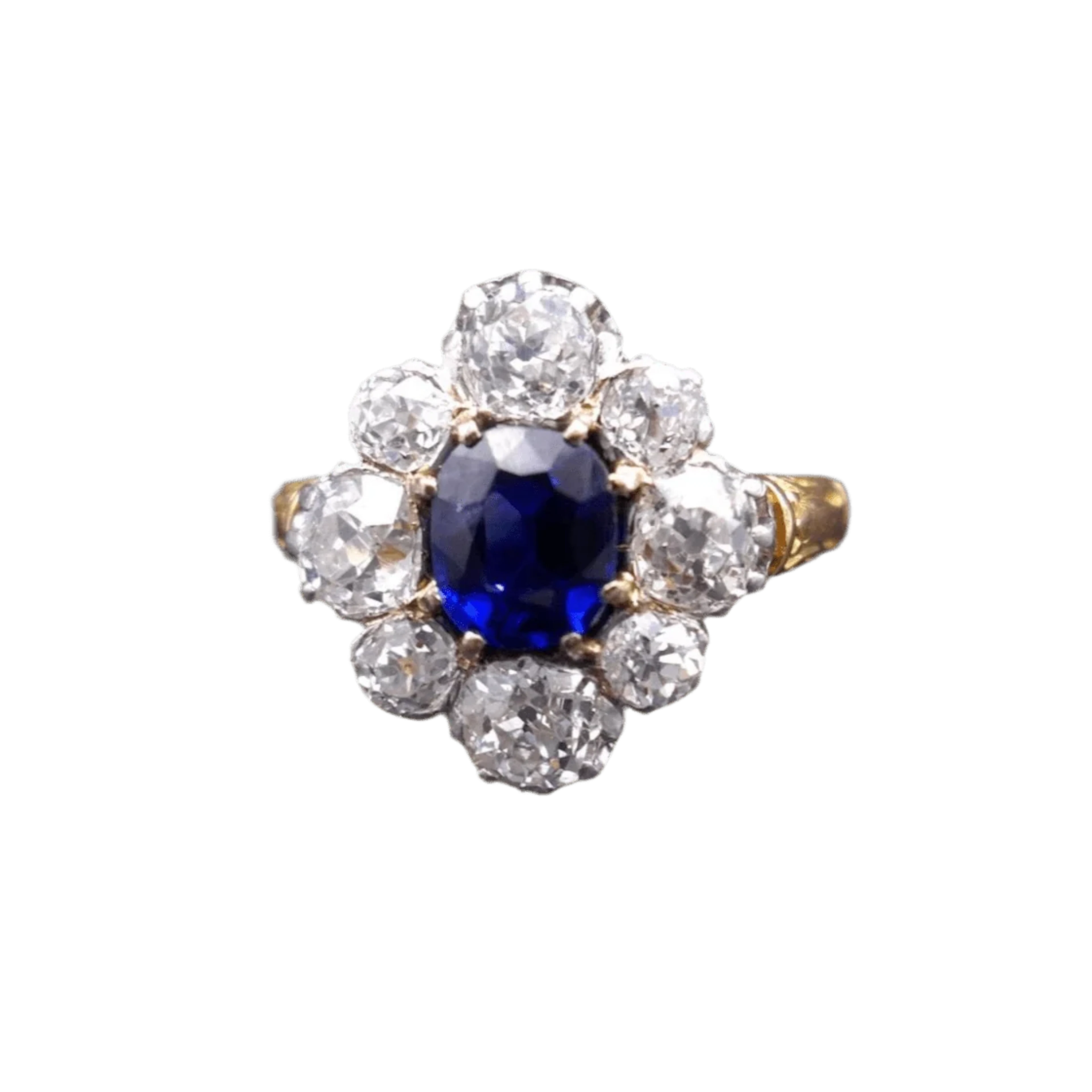 Marguerite ring in yellow gold, platinum, sapphire and diamonds