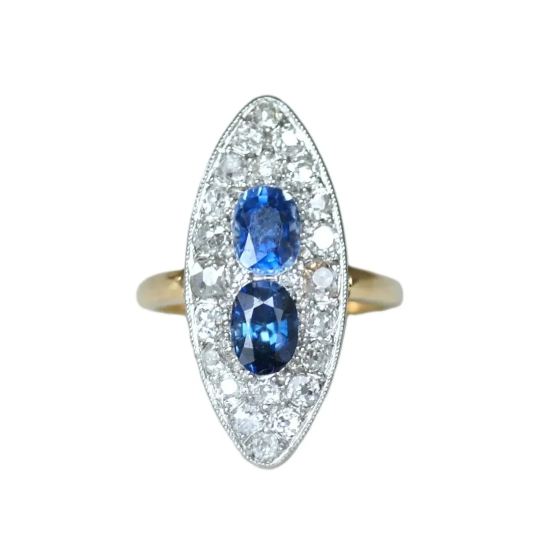 Ring Marquise in yellow gold, paltinium, sapphires and diamonds