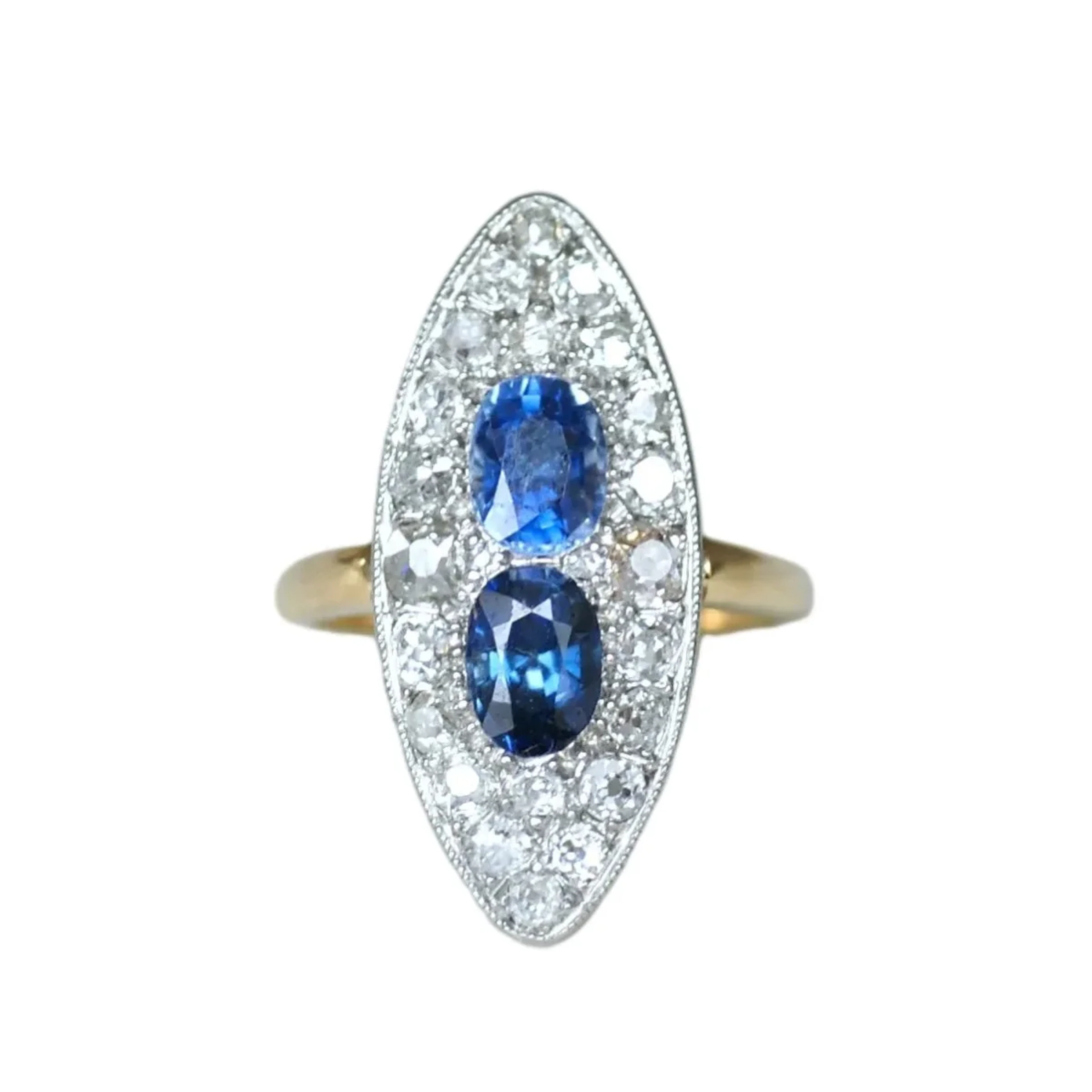 Ring Marquise in yellow gold, paltinium, sapphires and diamonds