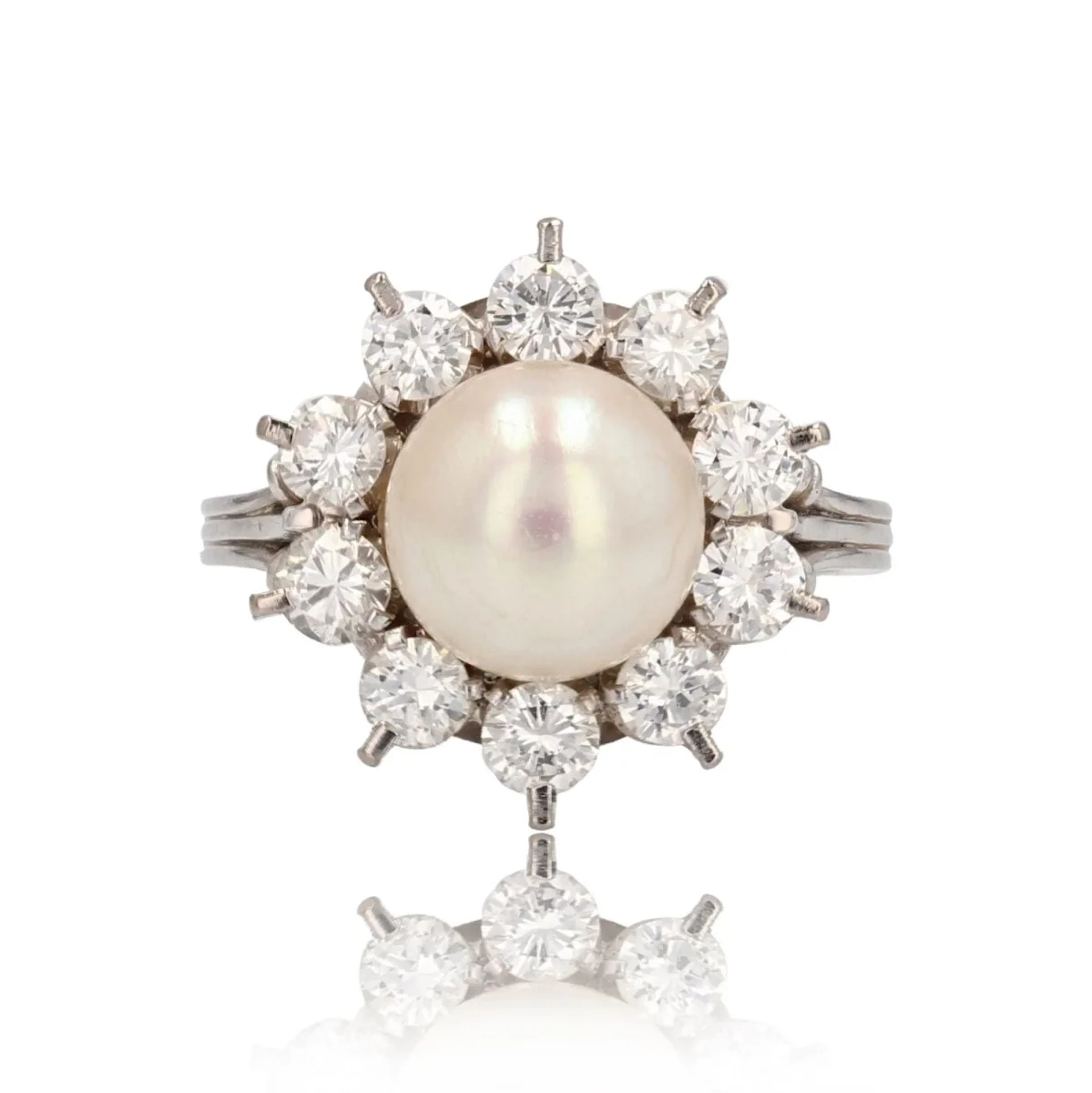 Ring Marguerite en white gold, paltinium, pearl and diamonds