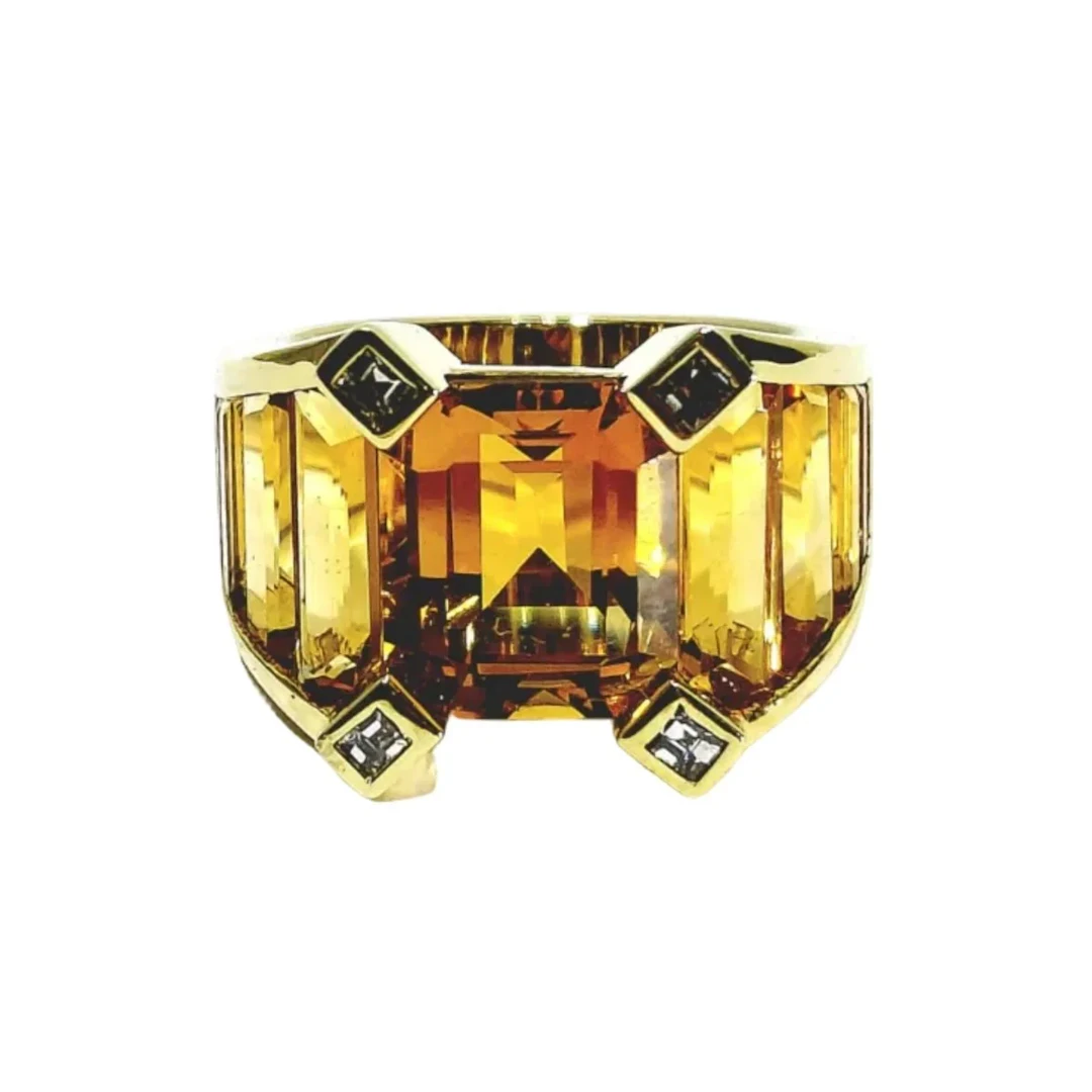 Tank Ring in Yellow gold, Citrines and Diamonds