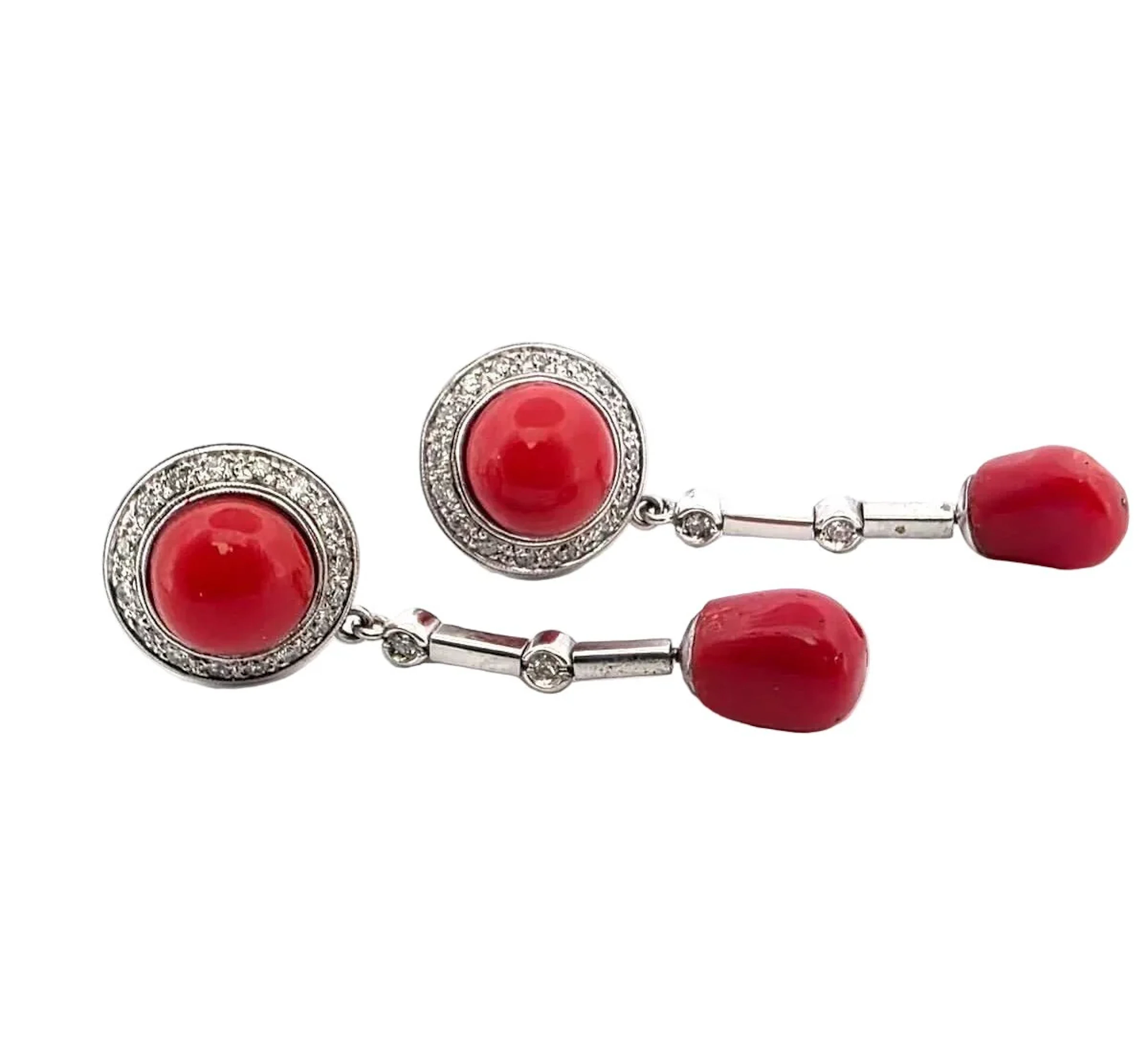 White gold, Coral and Diamonds Drop earrings
