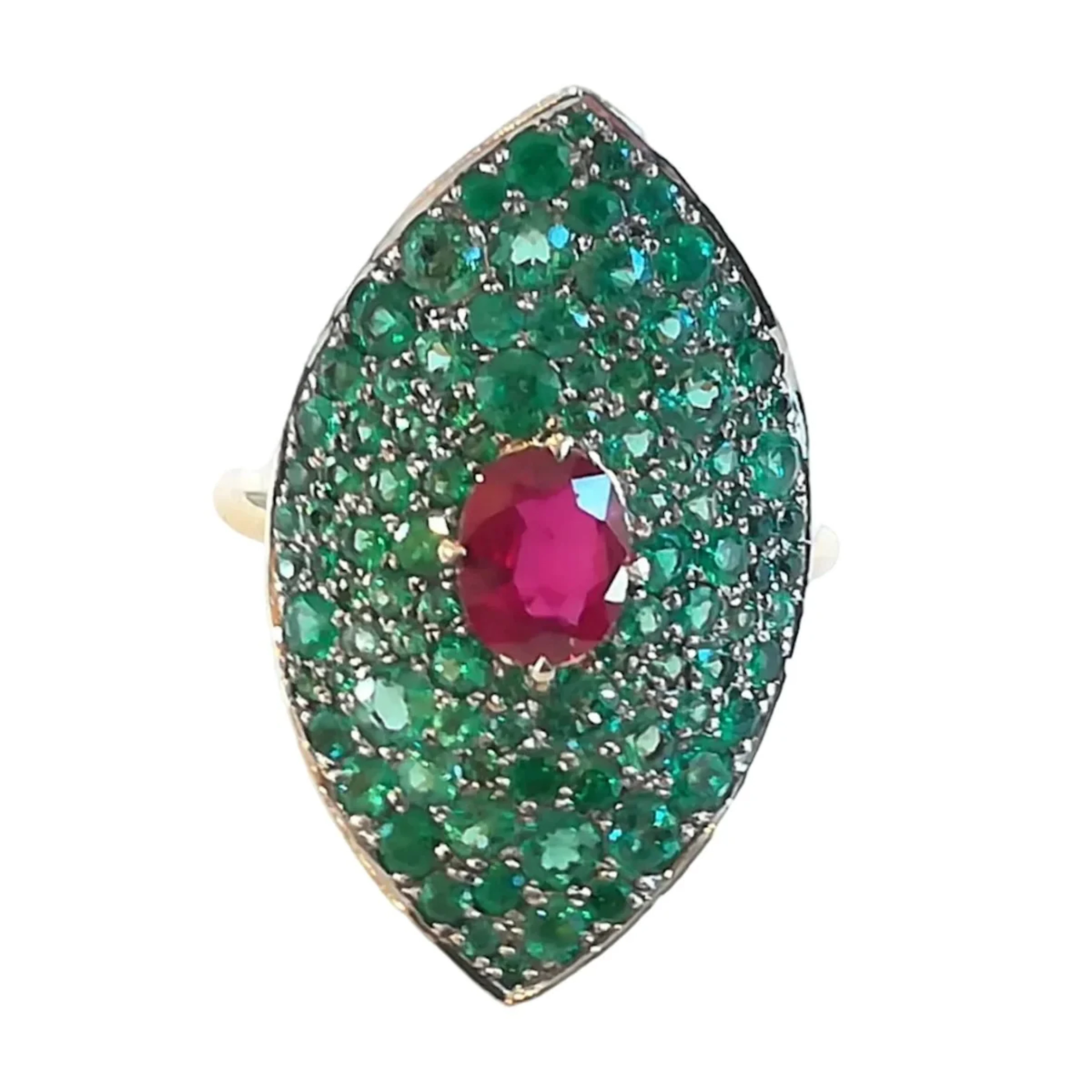 Ring Marquise GUY BARUCH in yellow gold, rubies and emeralds