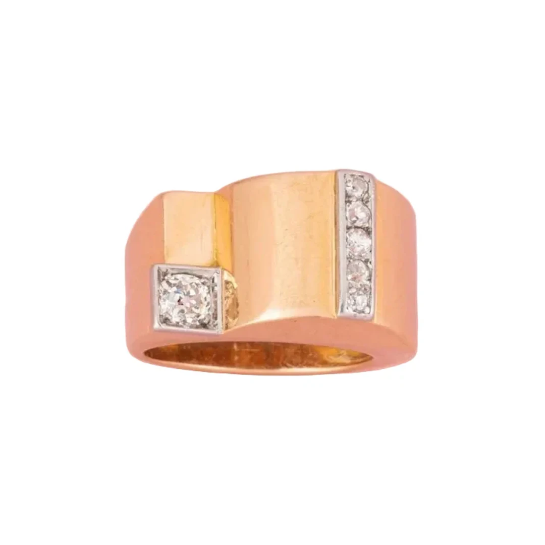 18-carat yellow gold tank ring with diamonds