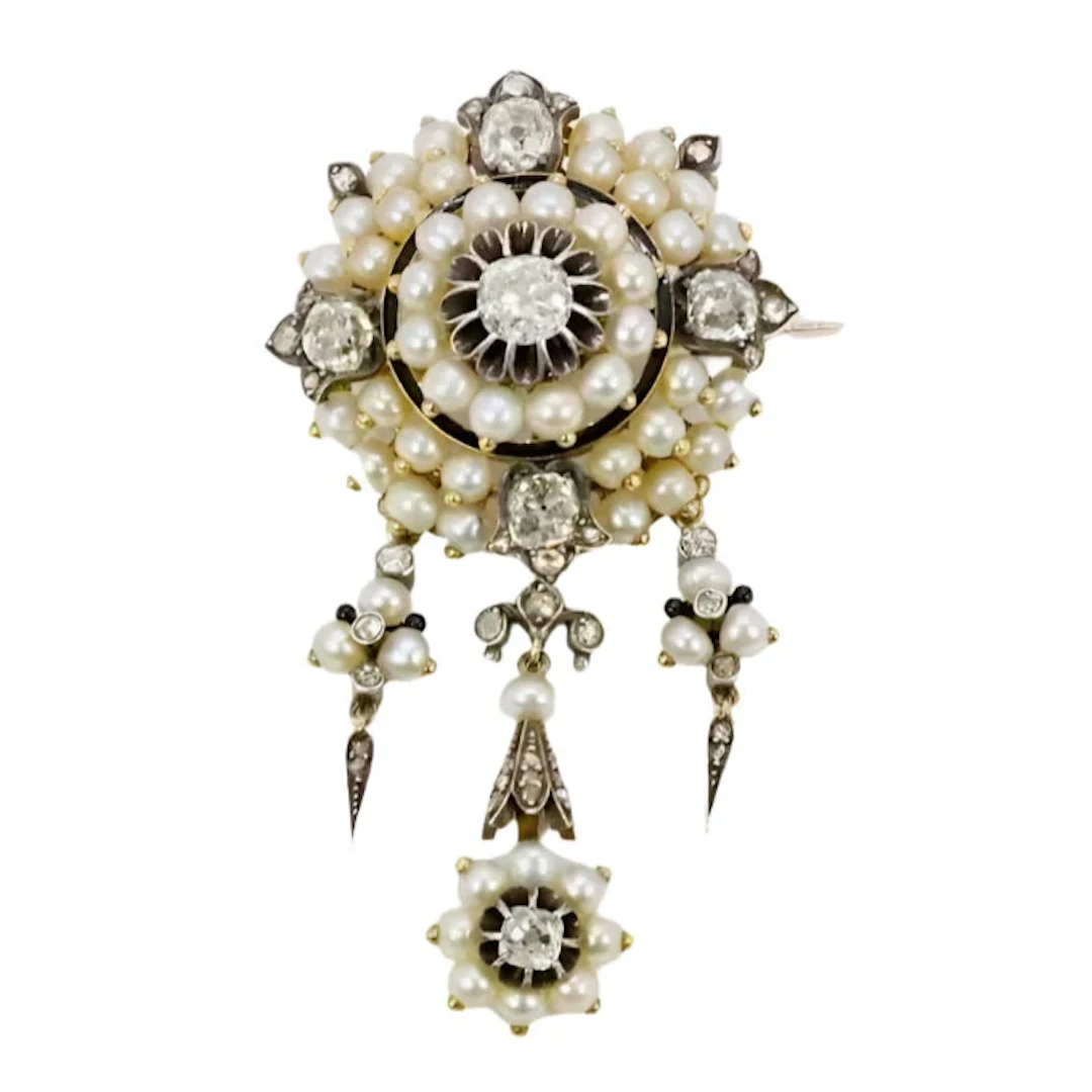 Brooch made of yellow gold, silver, pearls, Enamel, and diamonds