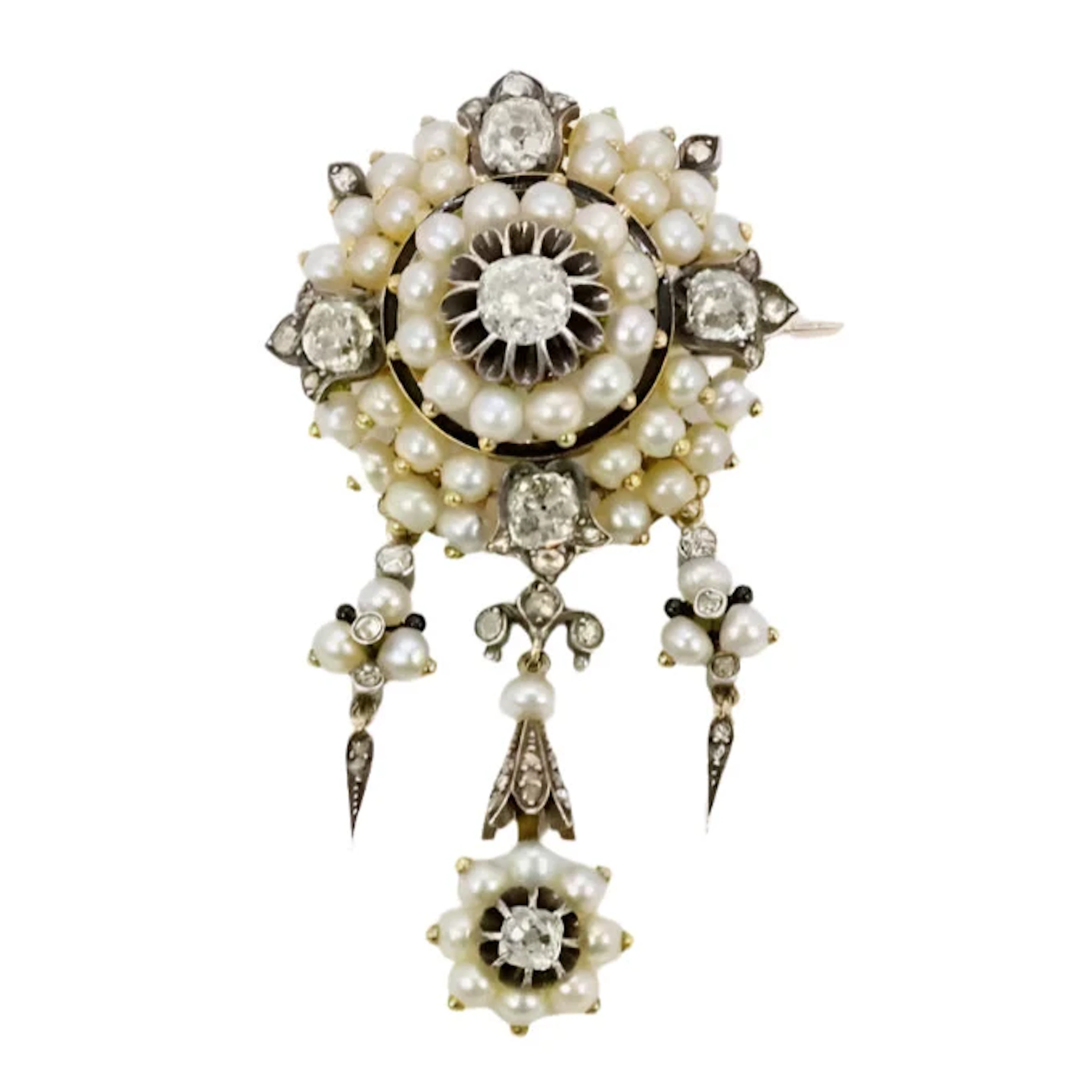 Brooch made of yellow gold, silver, pearls, Enamel, and diamonds