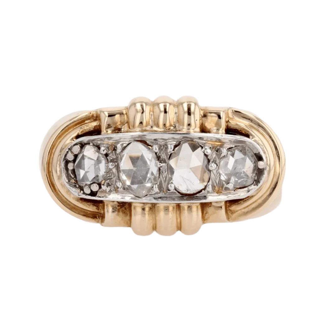 Tank ring in yellow gold, platinum and diamonds