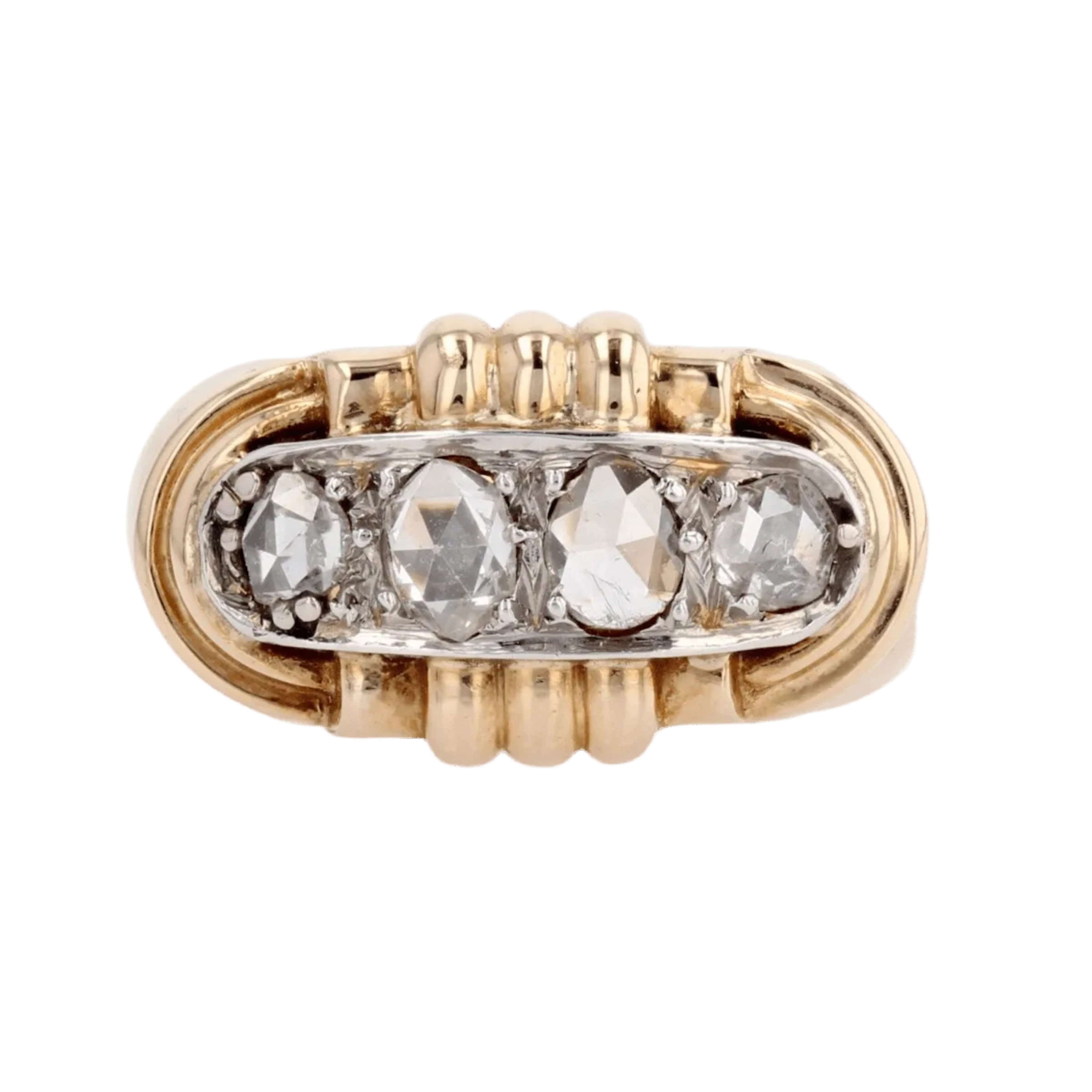 Tank ring in yellow gold, platinum and diamonds